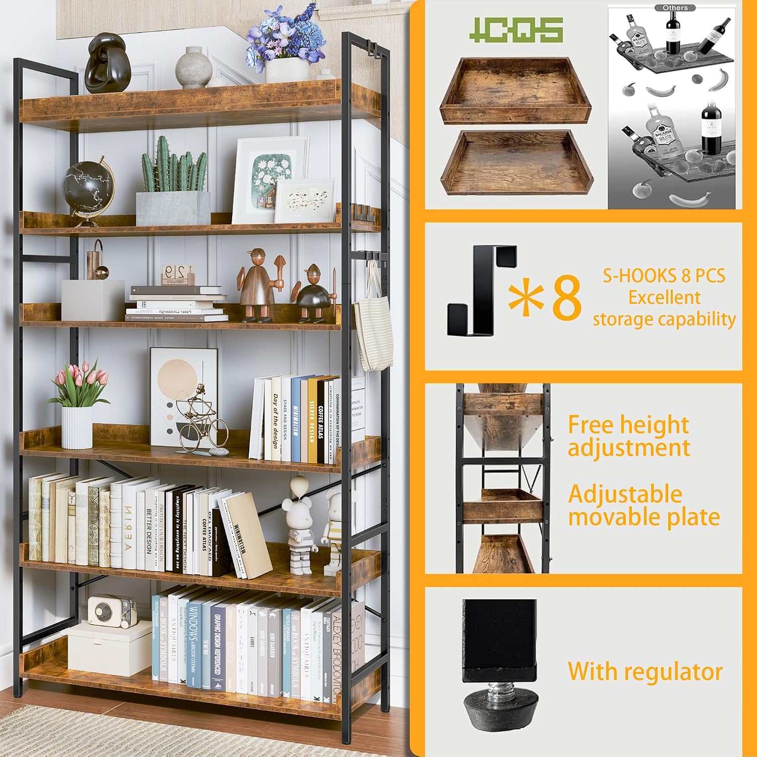 Detalle de HCHQHS BS-USBS-C-6 6-Tier Industrial Bookcase, Adjustable Shelves, Rustic Brown