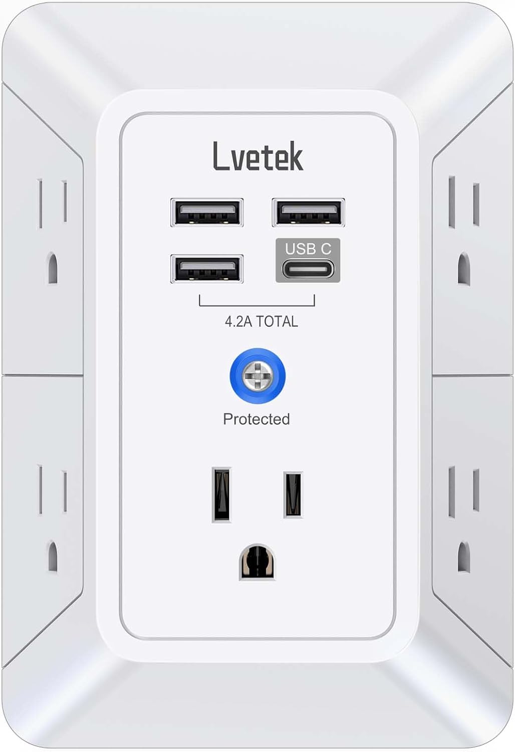 Detalle de Lvetek QF-519F Wall Outlet Extender with 5 Outlets, 4 USB Ports and 1680J