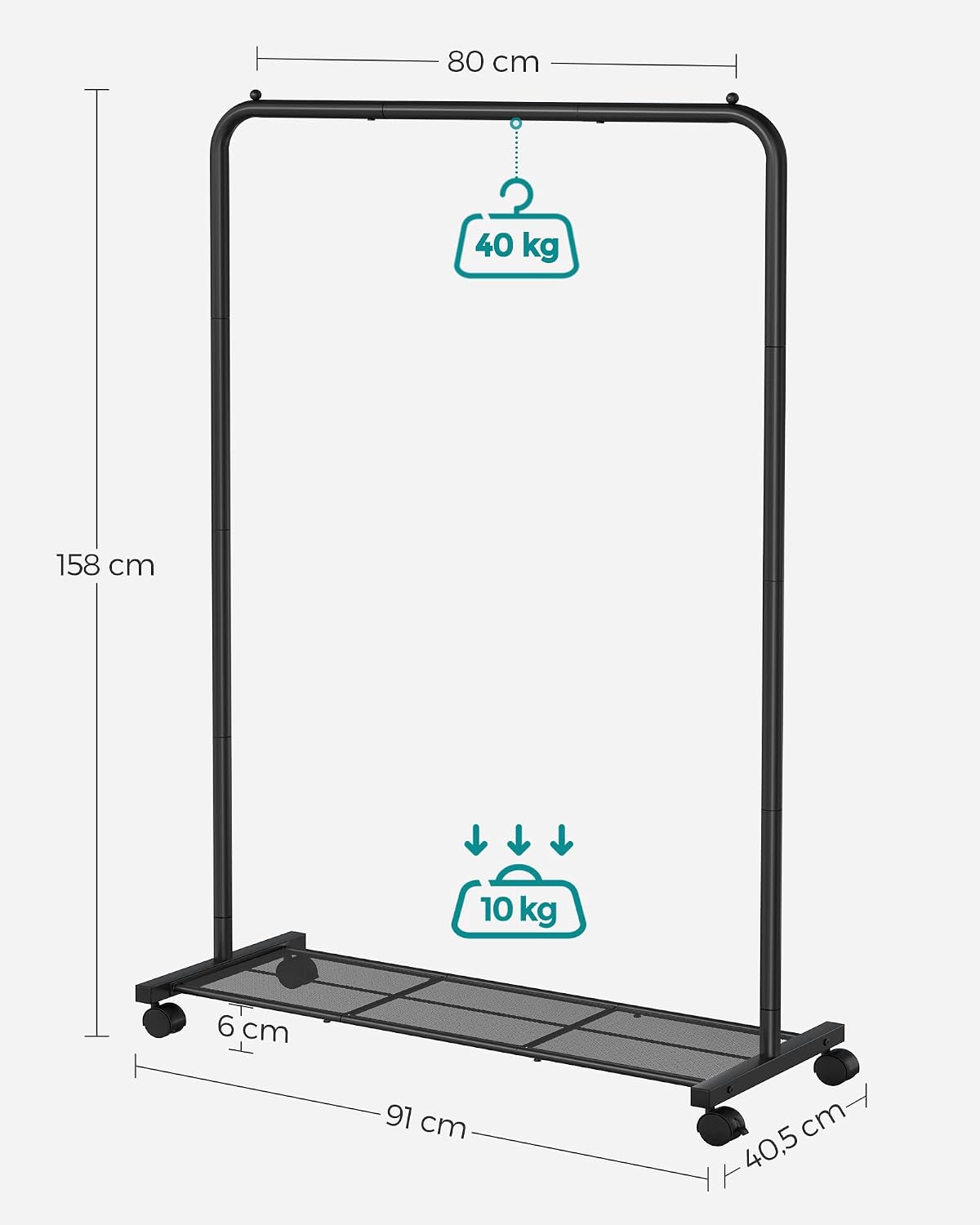 Detalle 1 de SONGMICS PATAYE HSR25BK kledingrek op wielen van staal, 40 kg, met roosterplank