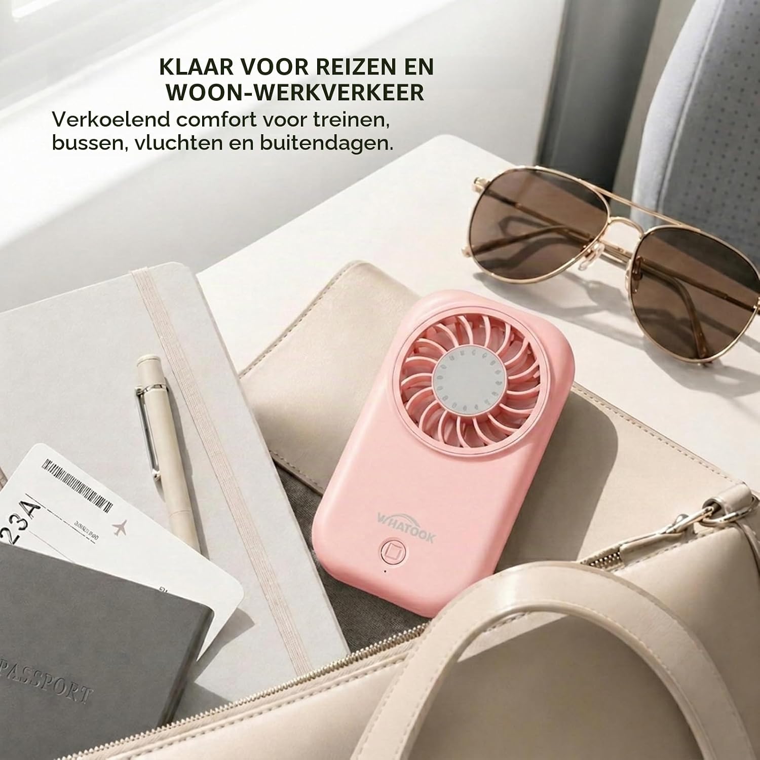 Detalle de WHATOOK X30 mini-handventilator, 5 snelheden, USB-C, 56 g, roze
