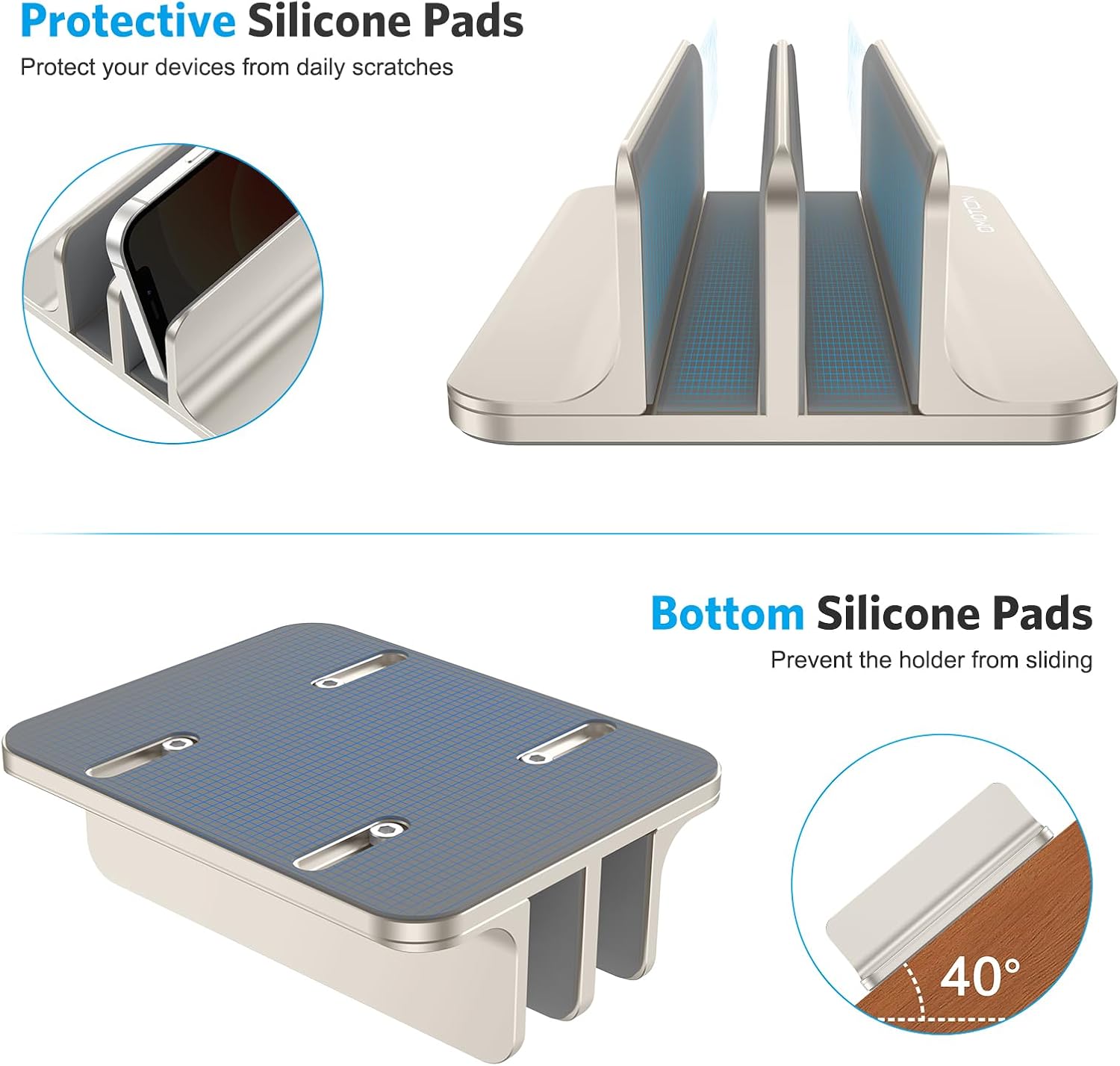 Detalle 2 de OMOTON Dual Vertical Laptop Stand, Adjustable Aluminum Holder in Starlight