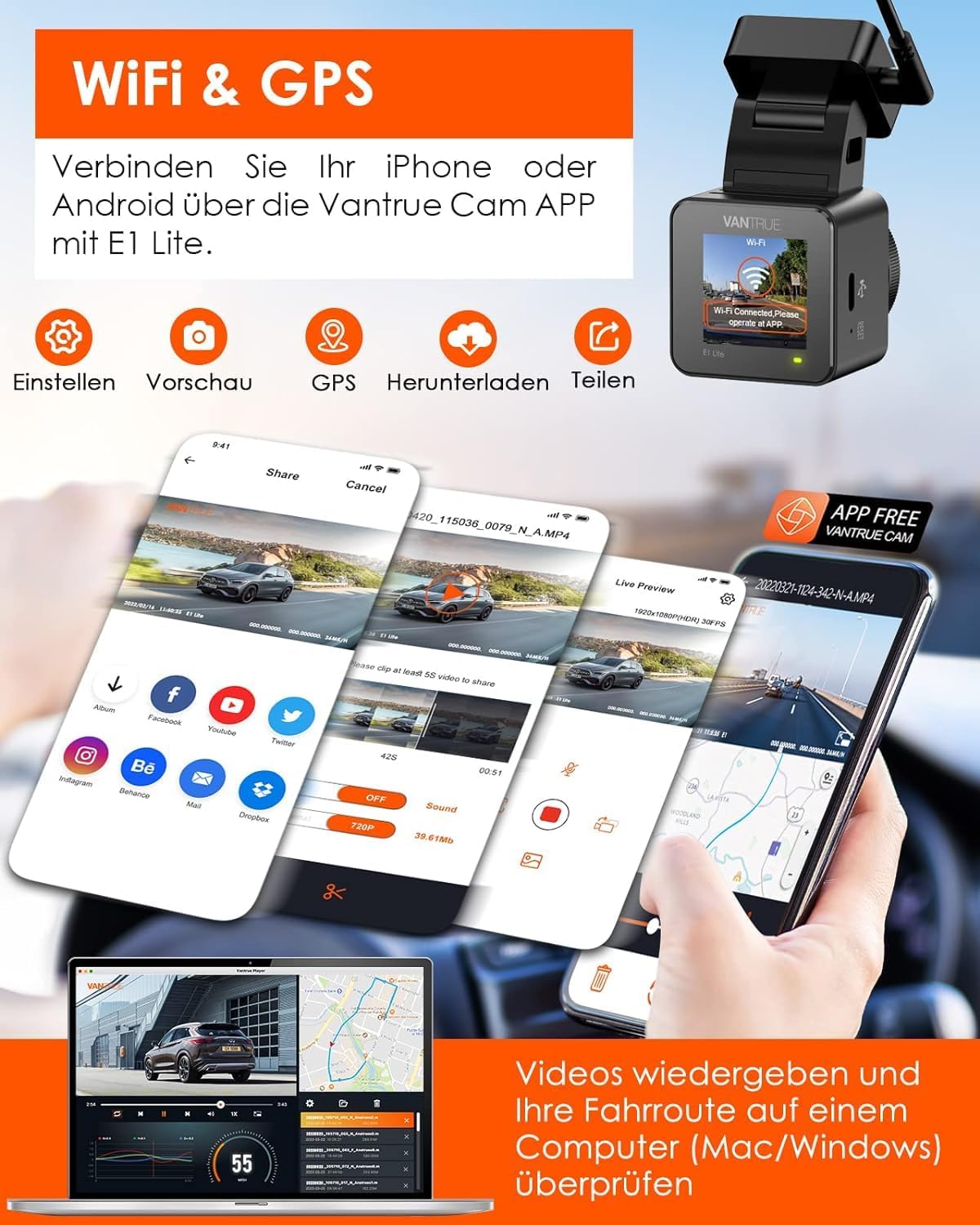 Thumbnail 3 de VANTRUE E1 Lite 1080P Mini WiFi GPS Dash Cam anteriore con HDR, controllo app e comandi vocali in inglese