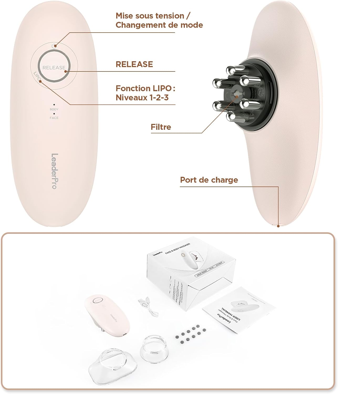 Detalle 2 de Masseur Anti Cellulite Électrique à Ventouse, EMS et Lumière Rouge – 3 Niveaux d’Intensité, Rose