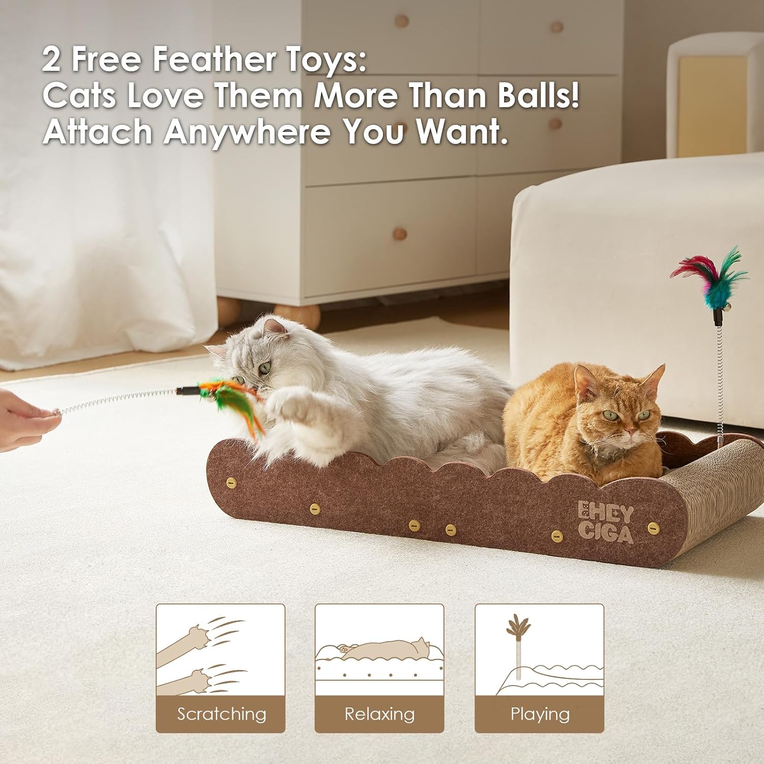 Detalle 2 de EHEYCIGA PT35SA03L 26-Inch Cardboard Cat Scratcher Bed with Toys, Brown