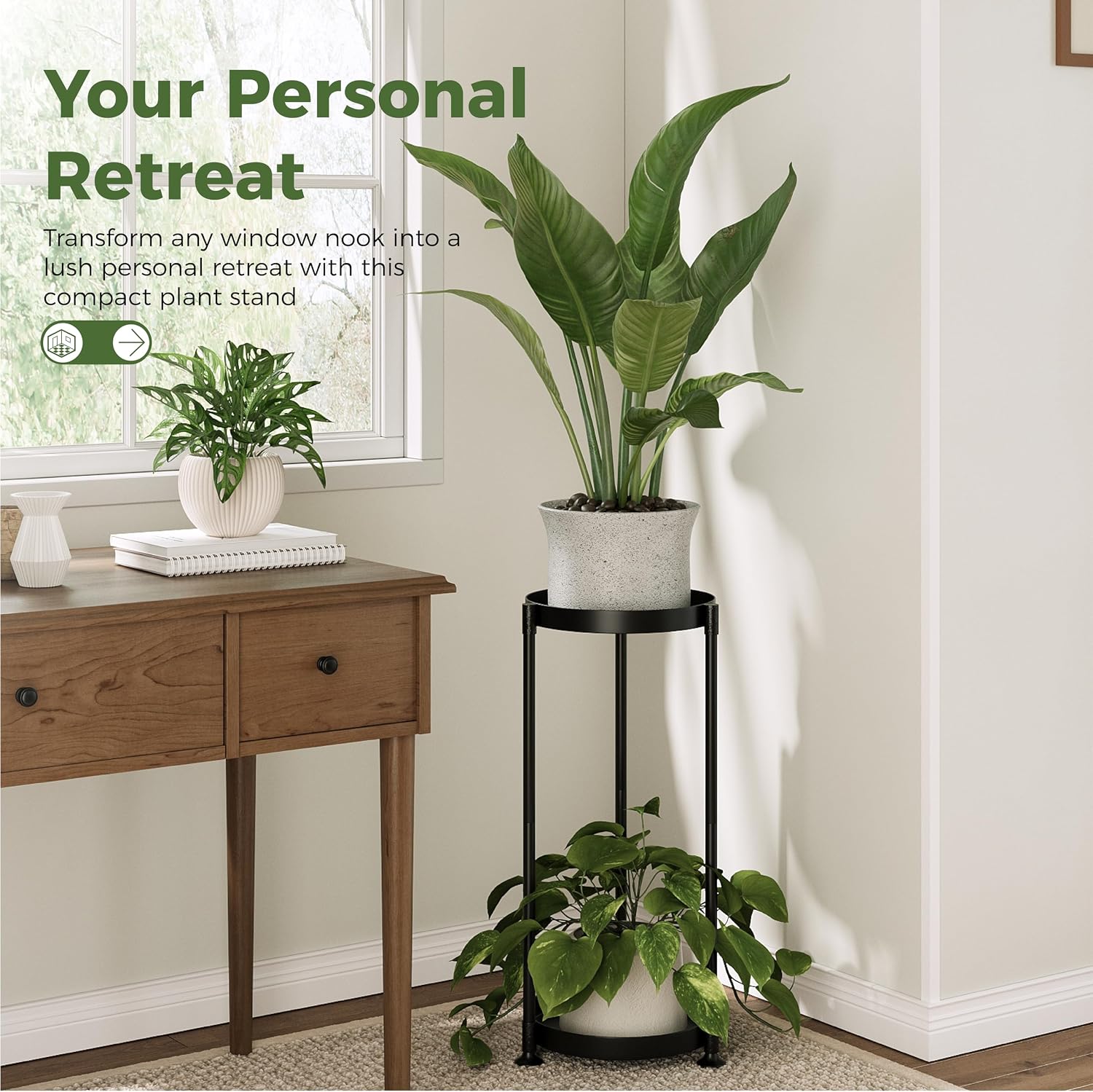 Detalle de Bamworld 2-Tier Indoor/Outdoor Metal Plant Stand with Tripod Base