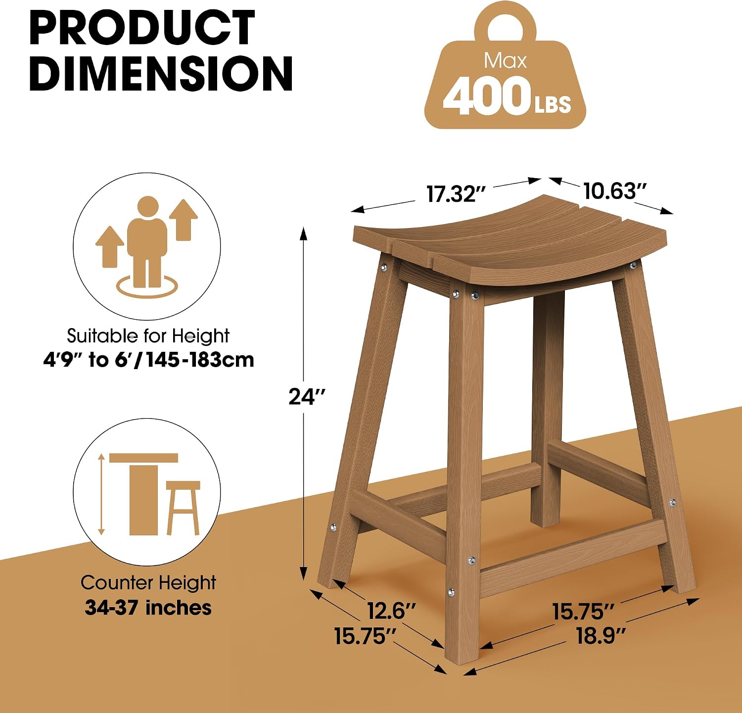 Detalle 2 de Ciokea stools6 Outdoor Bar Stools, Set of 4, 24-Inch HDPE Teak