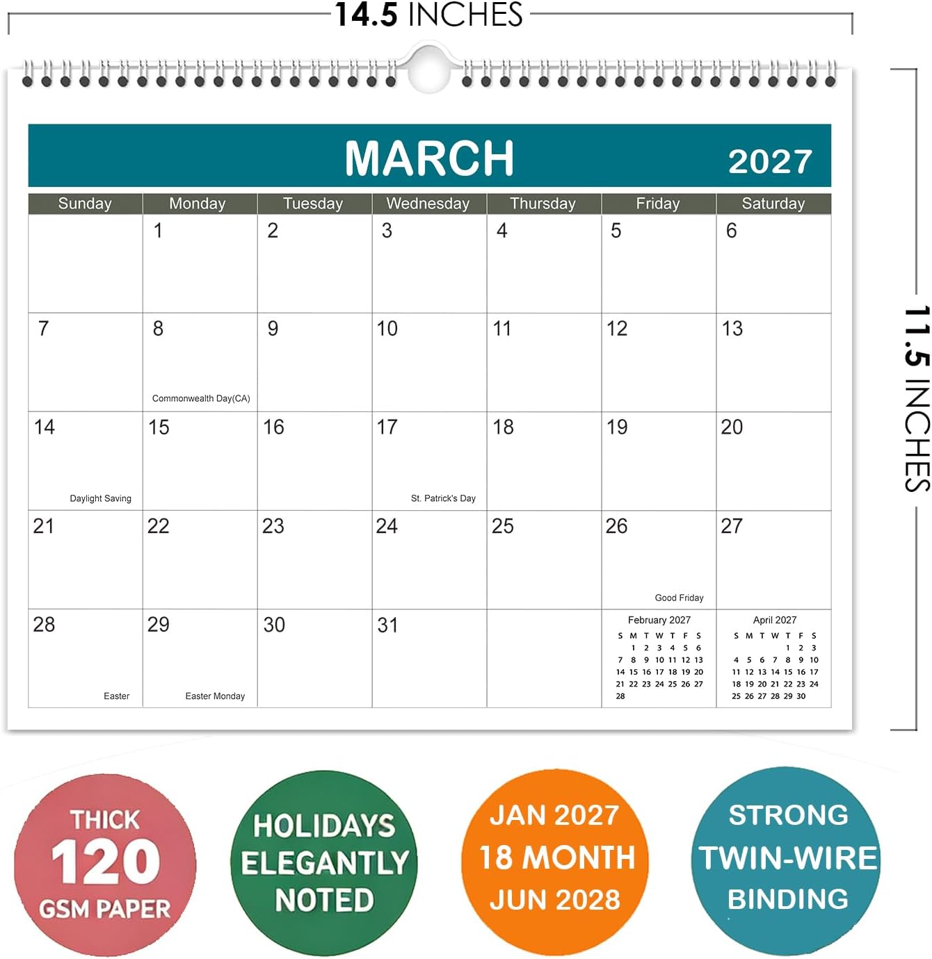 Thumbnail 1 de Riobat 11-14-h-Blue 18-Month Wall Calendar with Canadian Holidays and Notes