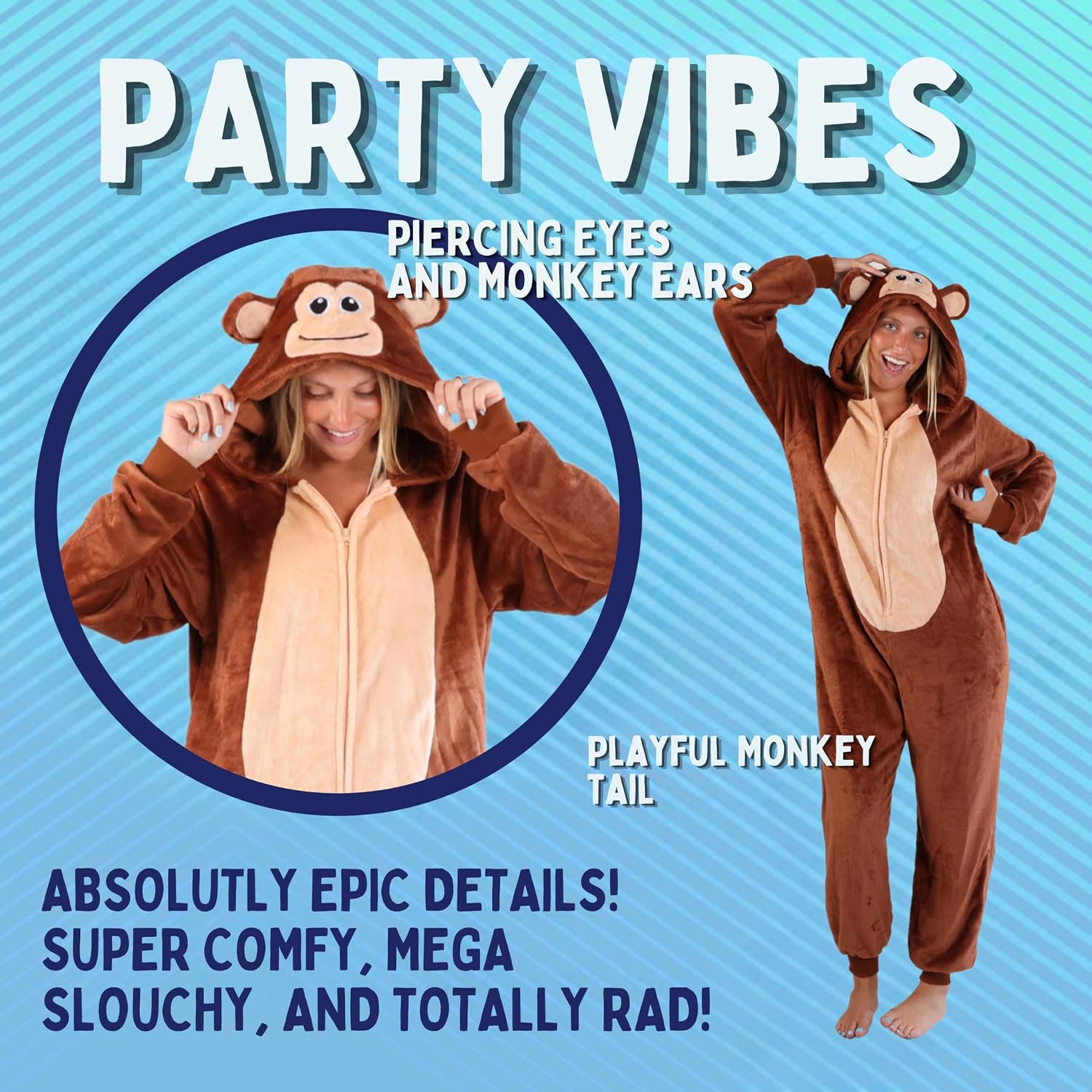 Detalle 2 de Funziez! Slim Adult Onesie Monkey Costume, Brown Fleece, Full-Zip Design