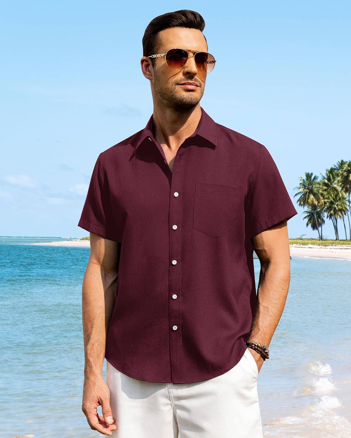Detalle de J.VER Leinenhemd Herren Kurzarm – Freizeithemd Regular Fit, atmungsaktiv und leicht