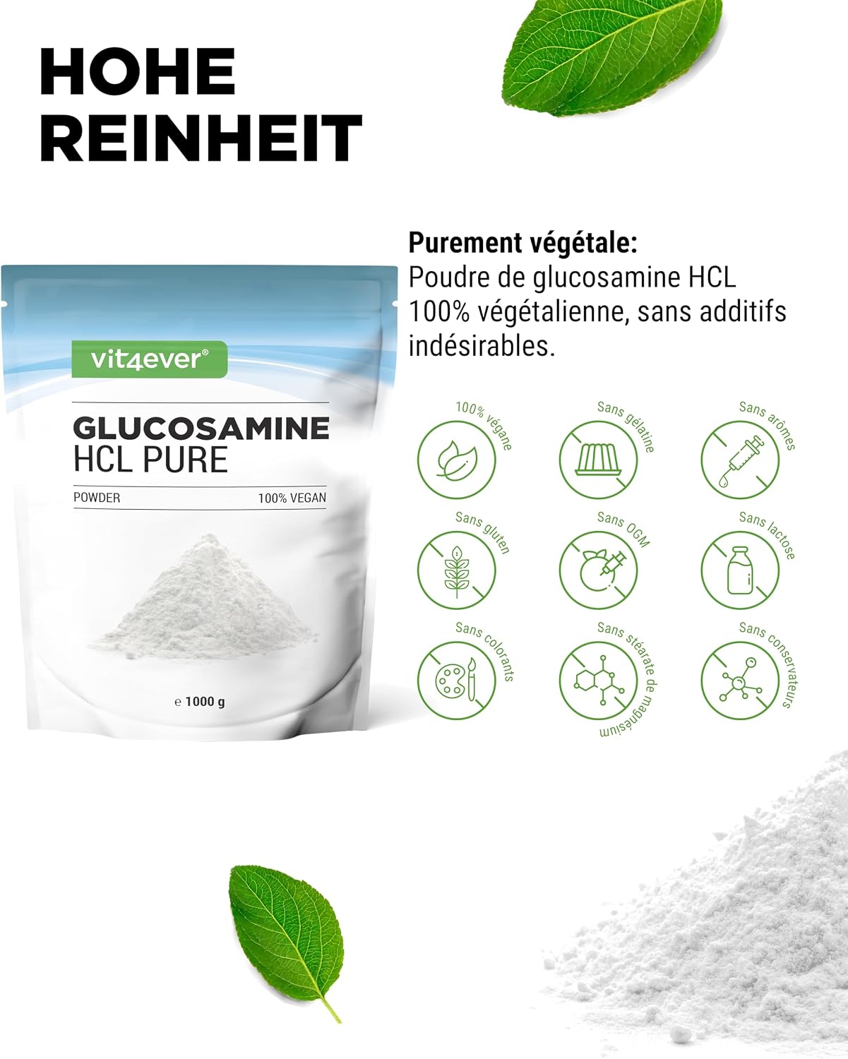 Detalle de Glucosamine HCL Pure poudre 1 000 g vegan 🍶