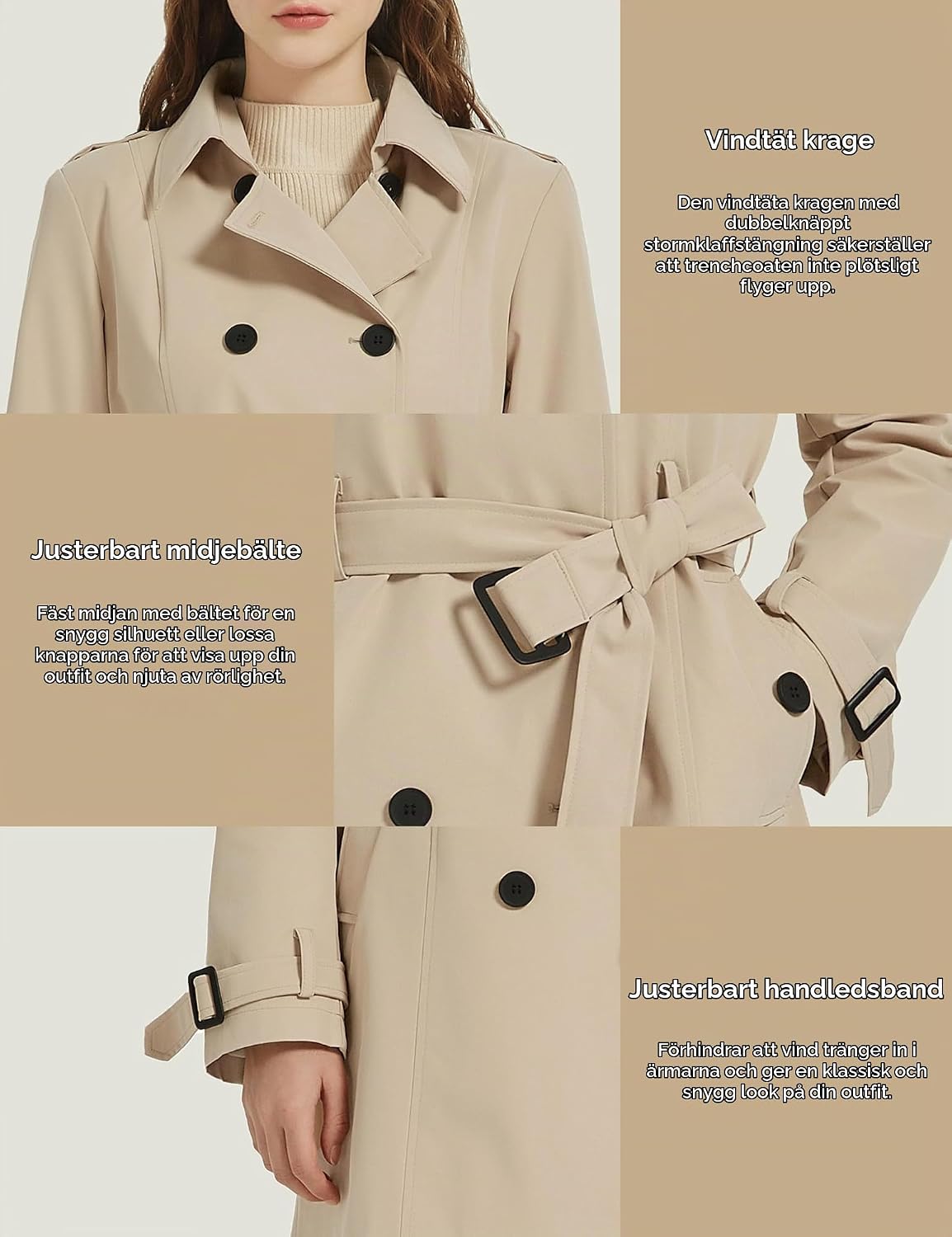 Thumbnail 4 de Wantdo dubbelknäppt trenchcoat för dam – vatten- och vindtät med skärp