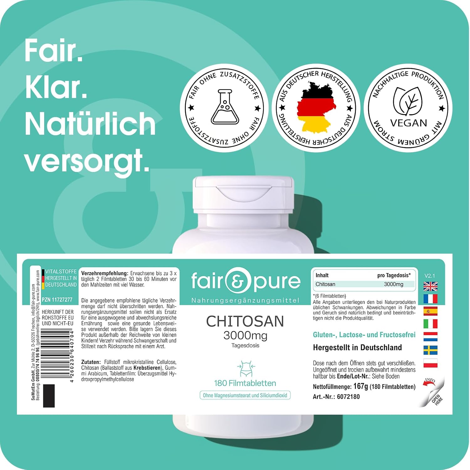 Detalle 2 de Fair & Pure Chitosan 3000mg Tagesdosis – 180 Filmtabletten, in Deutschland hergestellt