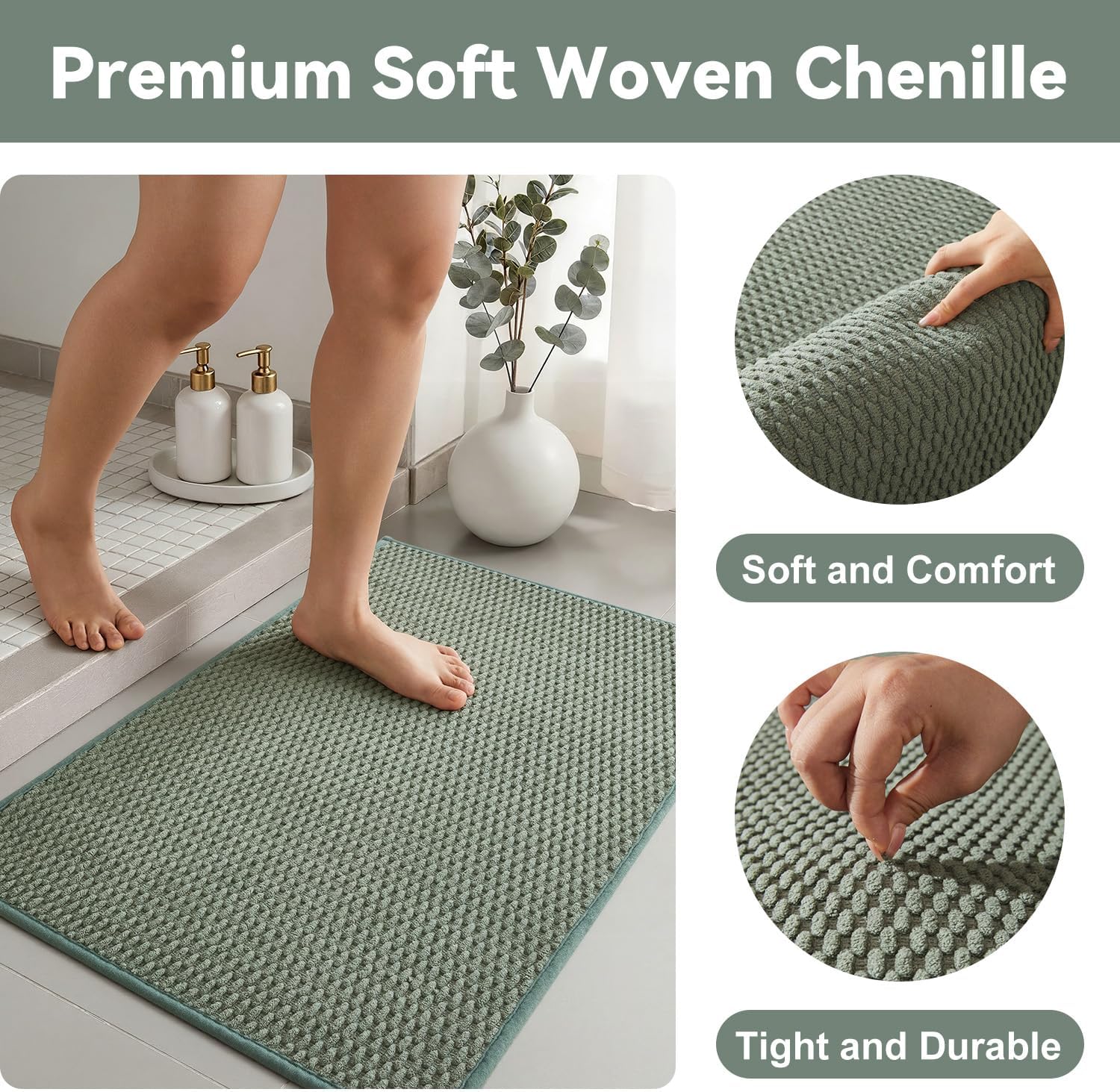 Thumbnail 2 de Triohero 24 x 60 Bathroom Runner Rug, Sage Green, Washable Low-Pile Design