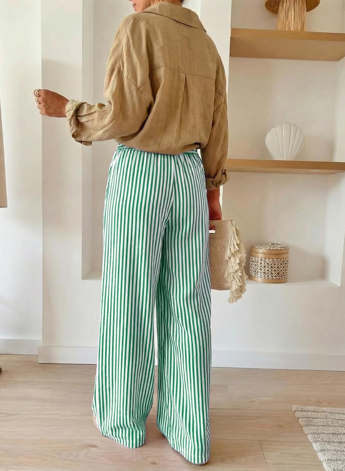 Thumbnail 1 de Acelitt Women Casual Drawstring Elastic Waist Striped Wide Leg Pants with Pockets