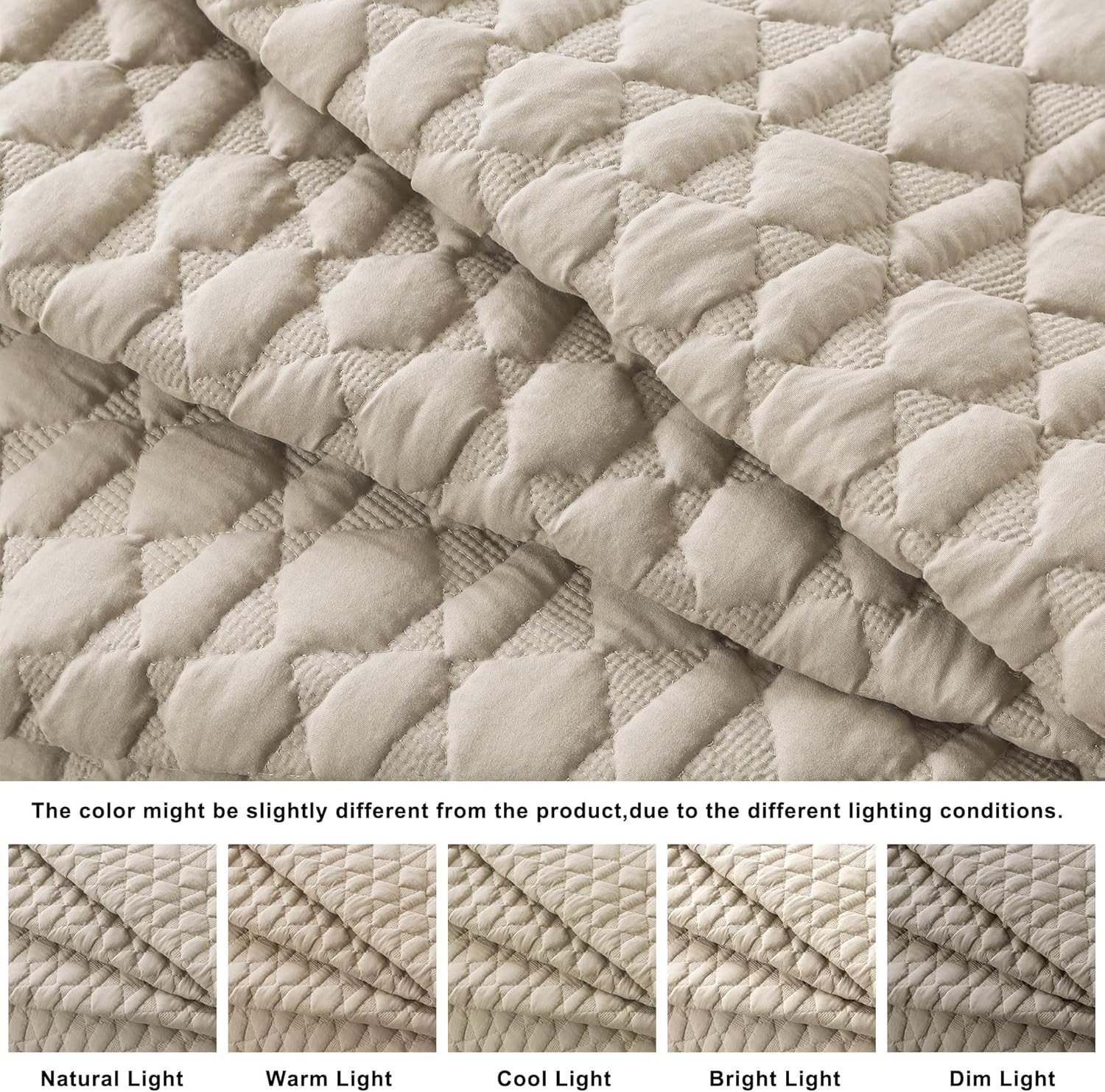Thumbnail 2 de Beige Quilt King Size Bedding Set with Pillow Shams - 3 Pieces, Lightweight Geometric Quilt Coverlet