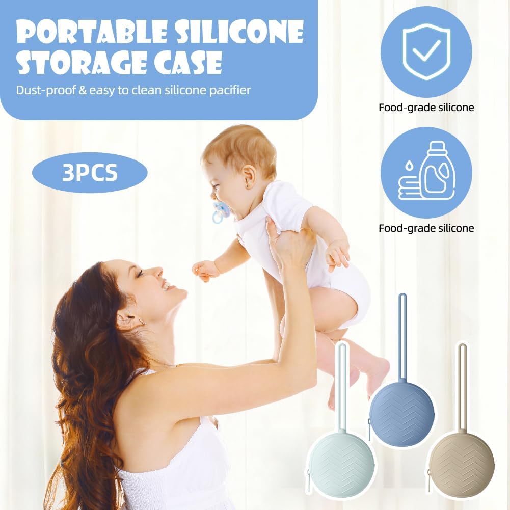 Thumbnail 4 de Aolso Porta Succhietto in Silicone: kit da 3, contenitore lavabile per ciucci e accessori da viaggio (Grigio/Cachi/Blu)