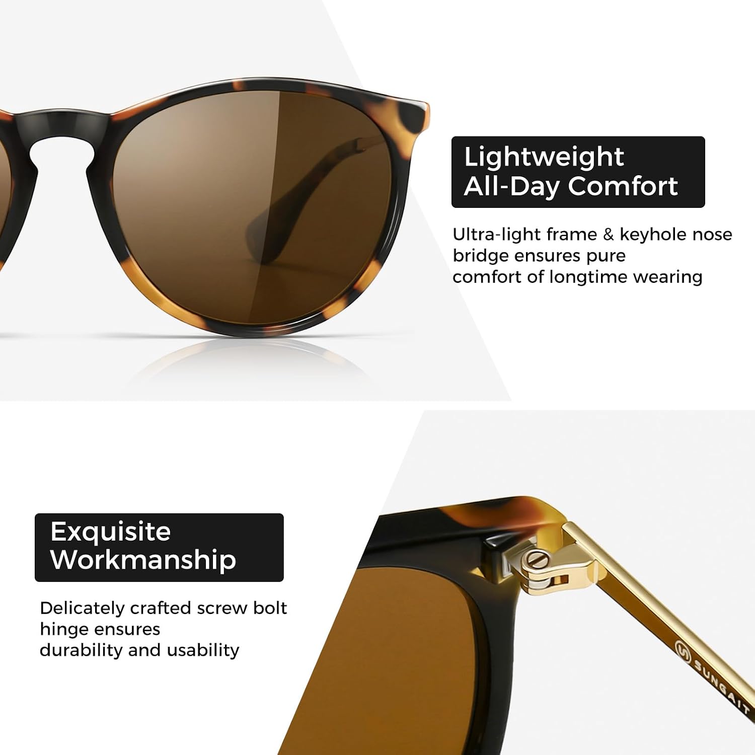 Detalle 2 de SUNGAIT Vintage Round Polarised Sunglasses for Women with UV400 Protection – 1567BWKC-UK