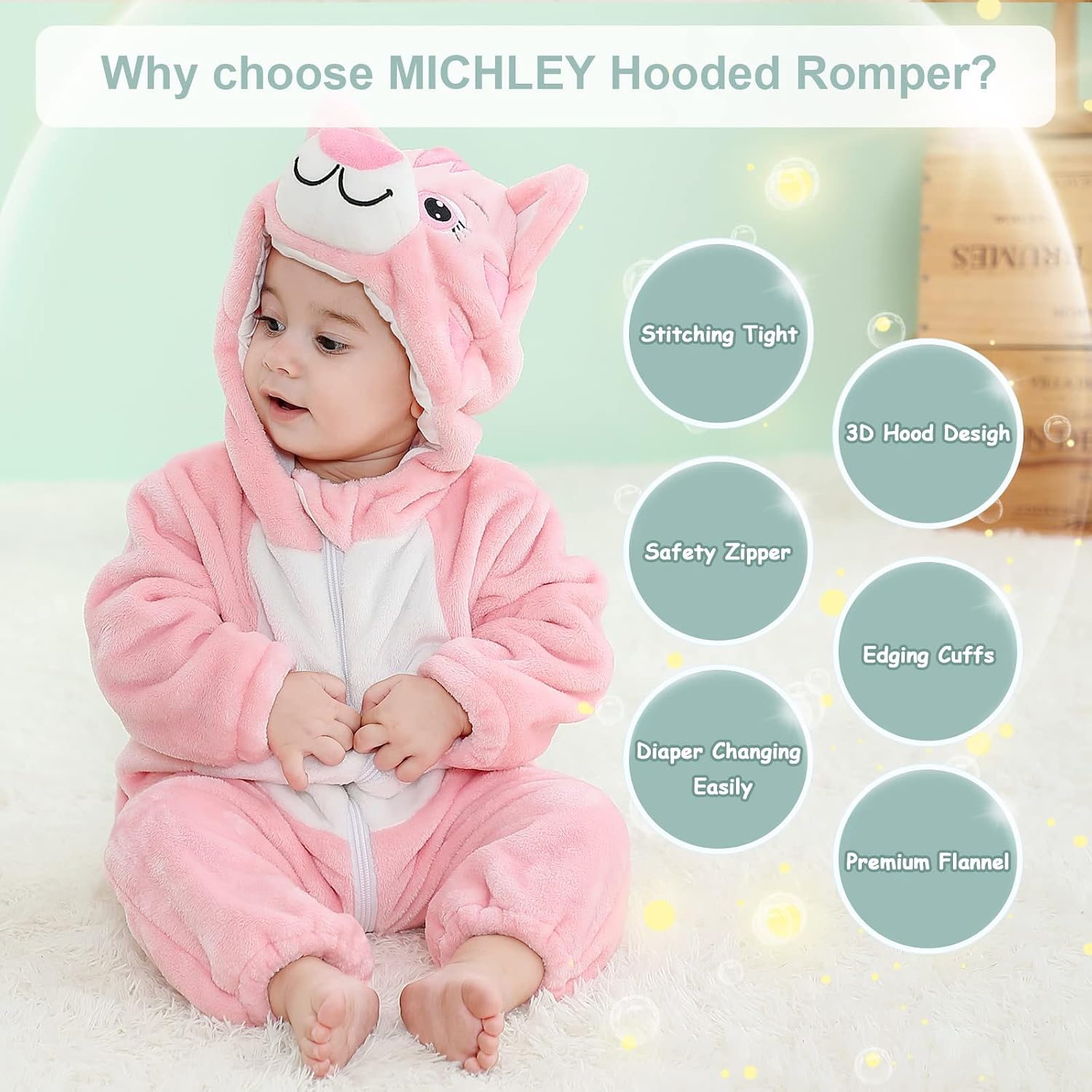 Detalle de MICHLEY AP13-Cat-100 Baby Cat Romper, Soft Flannel with Double Zipper