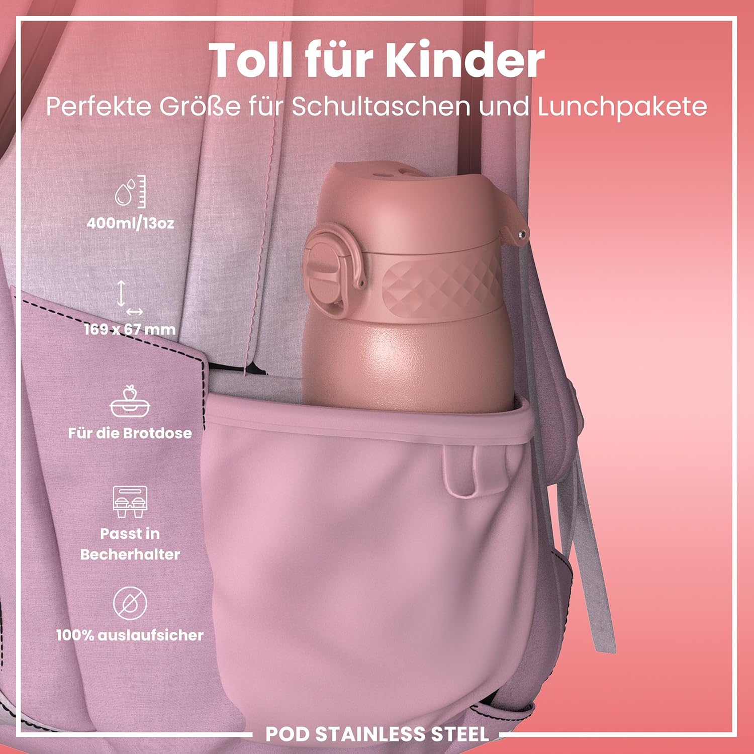 Detalle 2 de ion8 Kinder Trinkflasche Edelstahl 400 ml – leicht, auslaufsicher und spülmaschinenfest