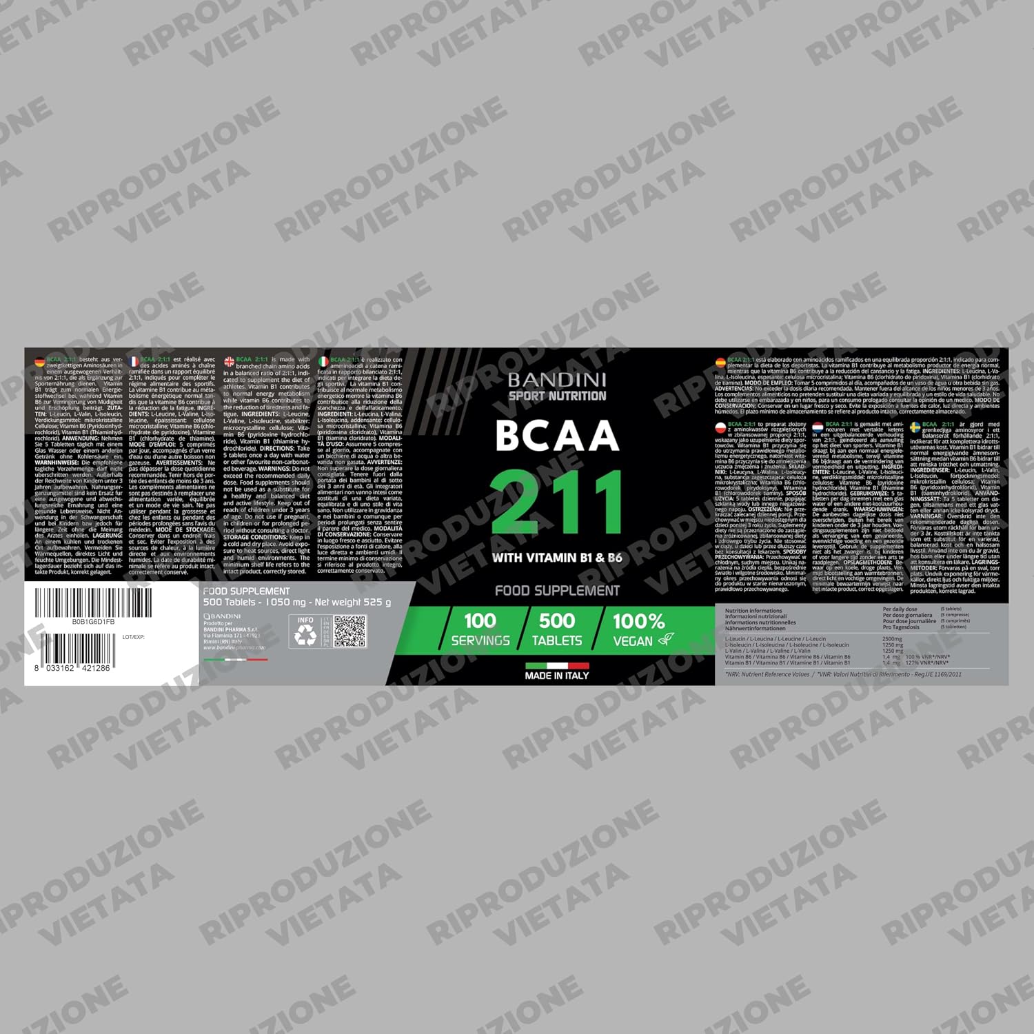 Detalle de Bandini AMINOACIDI RAMIFICATI BCAA 211 con Vitamina B1 e B6 — 500 Compresse da 1050 mg per Recupero Muscolare (2:1:1) vegan