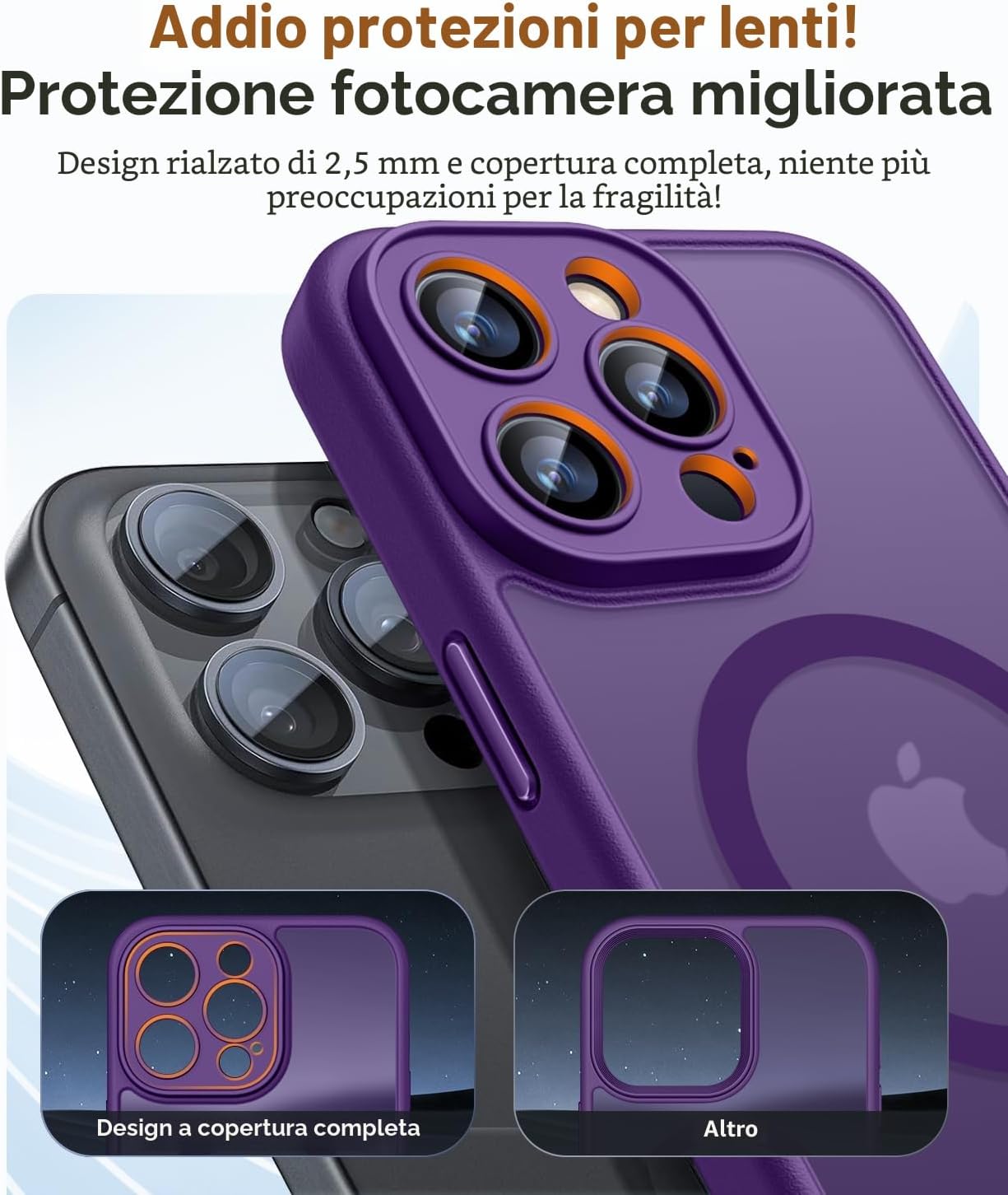 Detalle de CANSHN Cover magnetica per iPhone 14 Pro da 6,1" compatibile MagSafe, protezione fotocamera e antiurto viola profondo