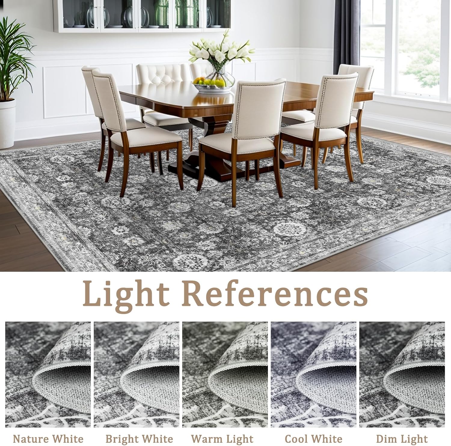 Thumbnail 6 de Capslpad Vintage Floral Area Rug, 244 x 305 cm, Washable, Non-Slip, Dark Grey