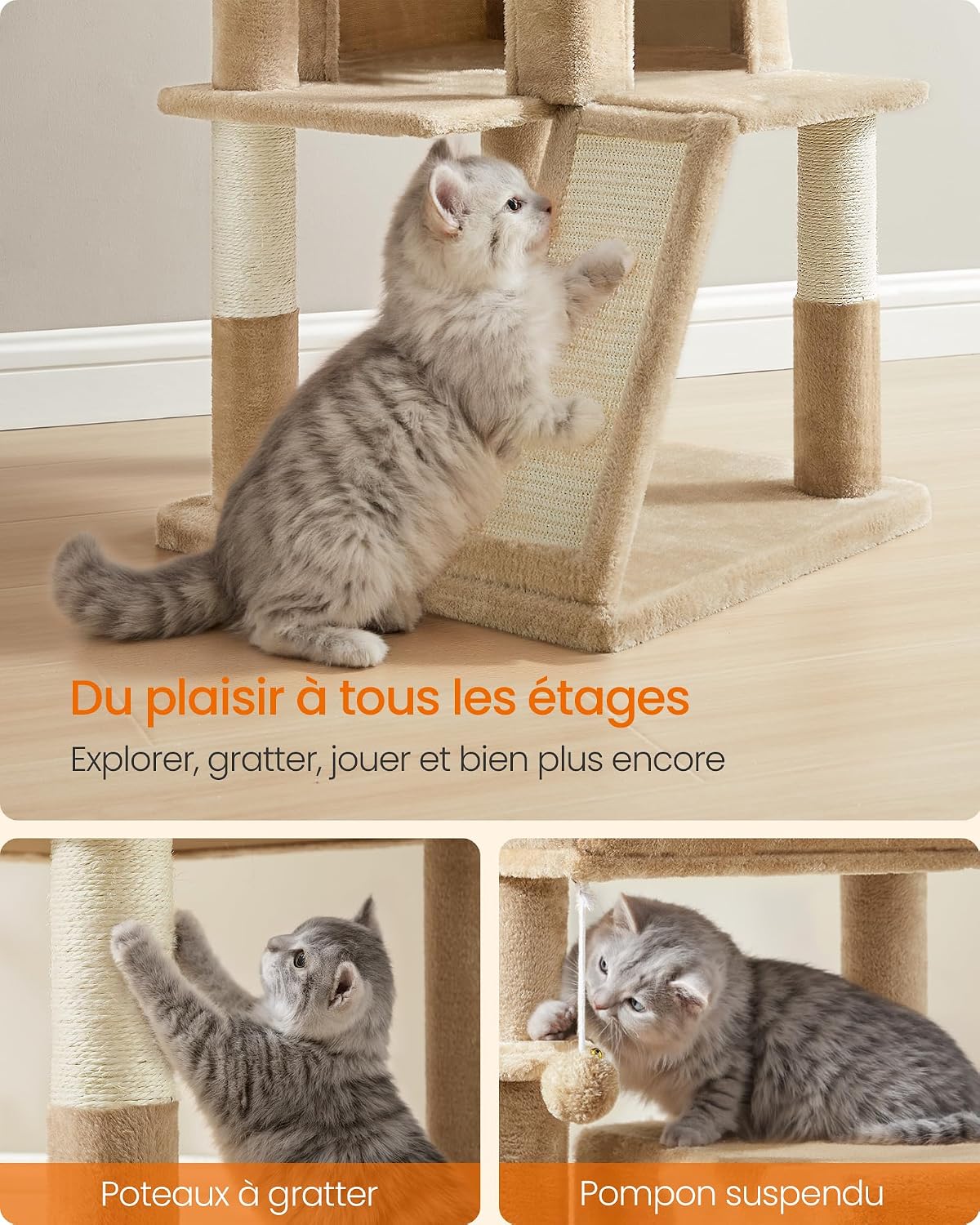 Detalle de Feandrea Arbre à Chat, Tour de Jeux, Grand Plate-Forme – Marron Camel PCT051K03