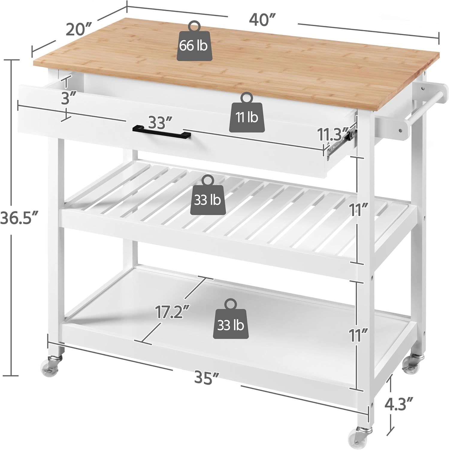 Detalle de Yaheetech YT-00099034-1 Kitchen Island Cart, White, Bamboo Top, Drawer