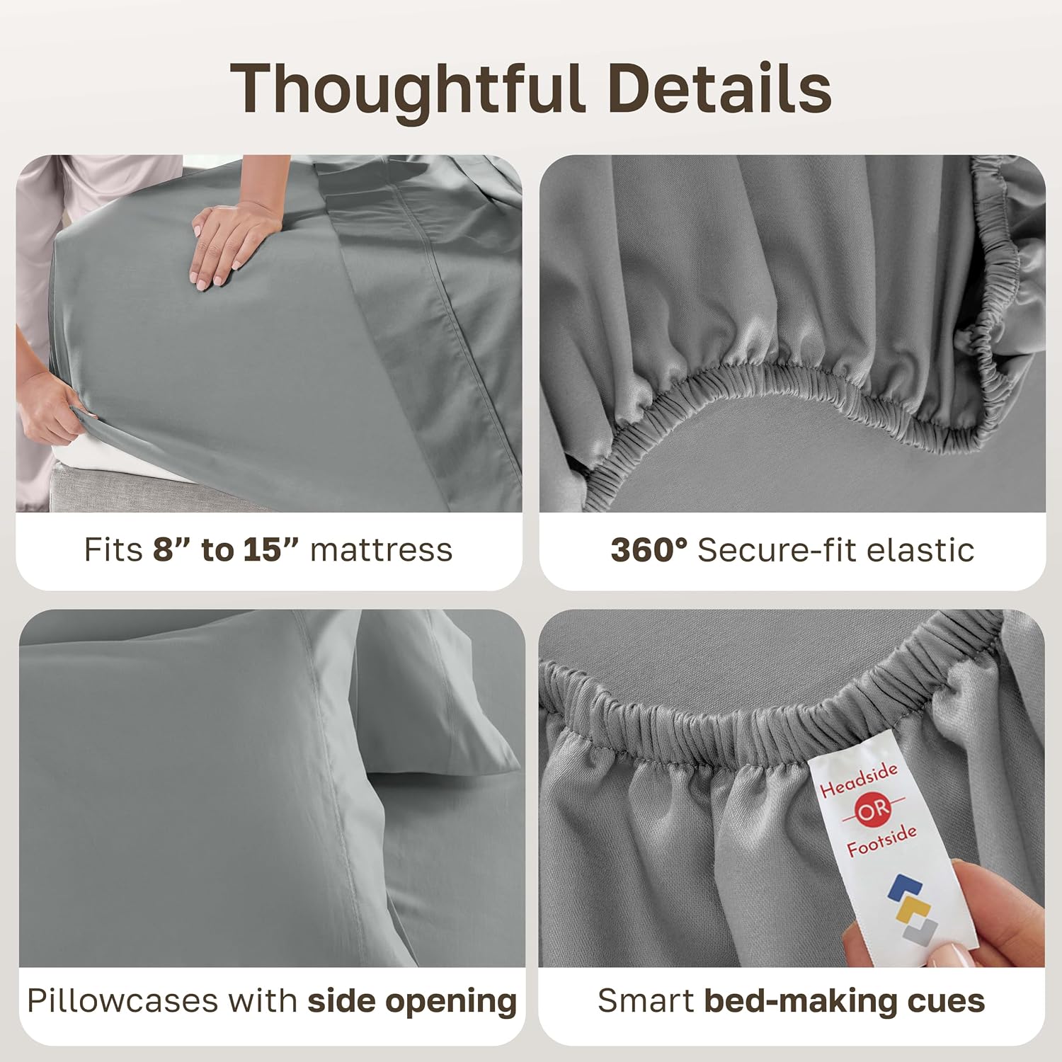 Detalle 2 de California Design Den 840307158499 Split King Sheet Set, 600-Thread-Count Cotton Sateen, Mist Gray