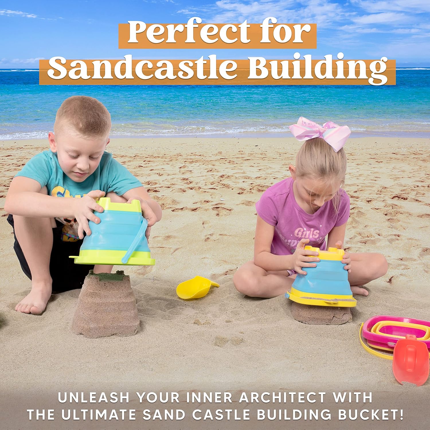 Detalle 2 de Sloosh 3er Set faltbare Eimer für Kinder mit 3 Schaufeln – 2,7 L Kapazität, Sandkasten & Strandspielzeug