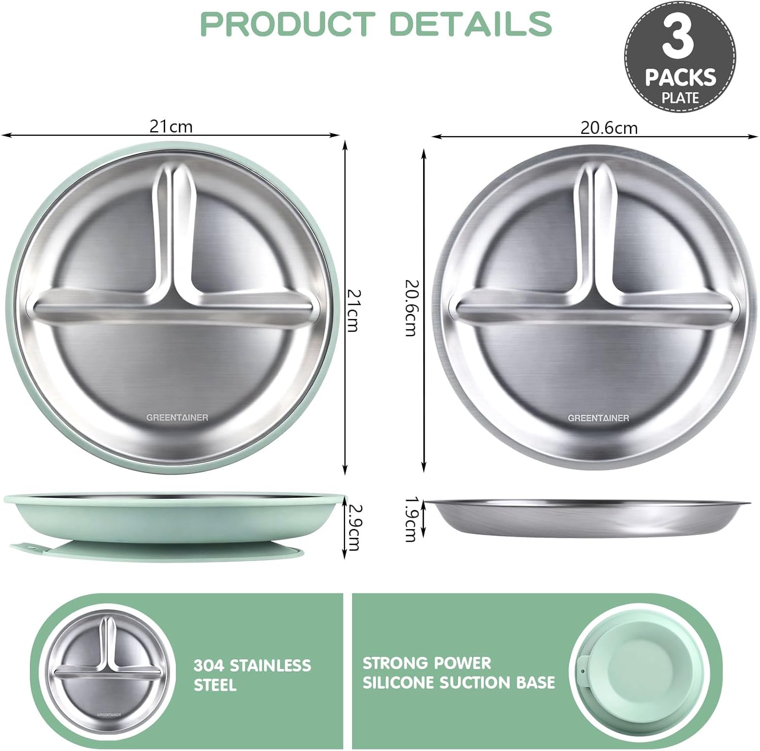 Thumbnail 1 de Greentainer 3 Pack Stainless Steel Plate with Suction Base (BPA-Free) – Divided Toddler Feeding Set for Baby-Led Weaning