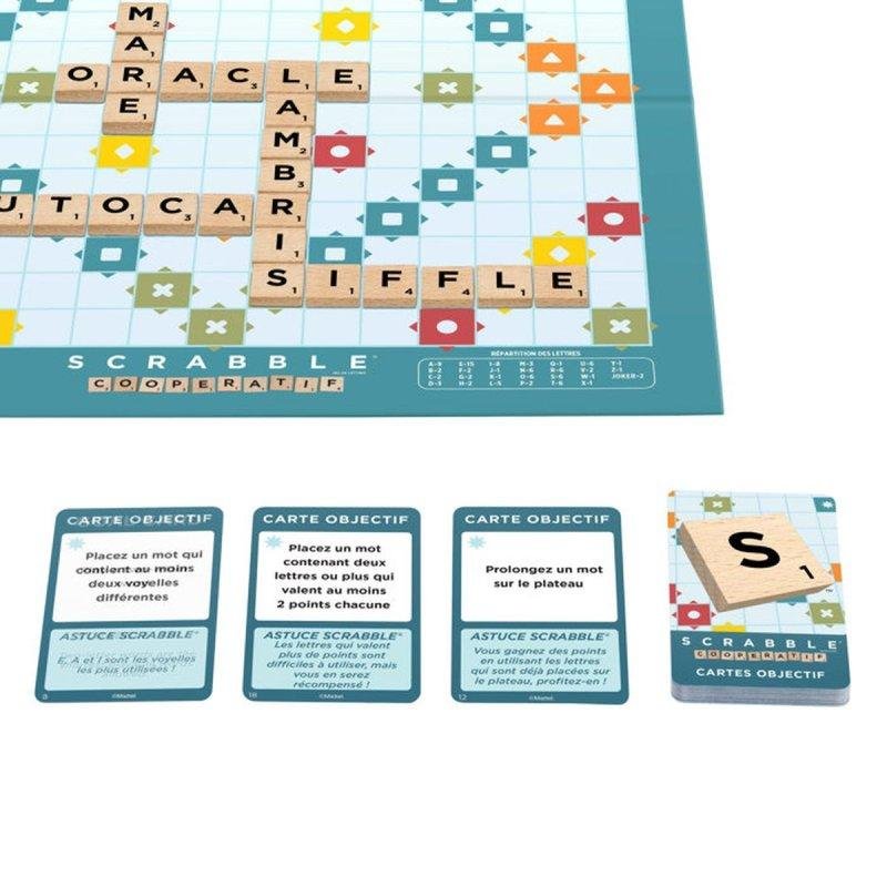 Detalle de Scrabble Classic 2 en 1 reversible de Mattel: juego competitivo y cooperativo en un solo tablero