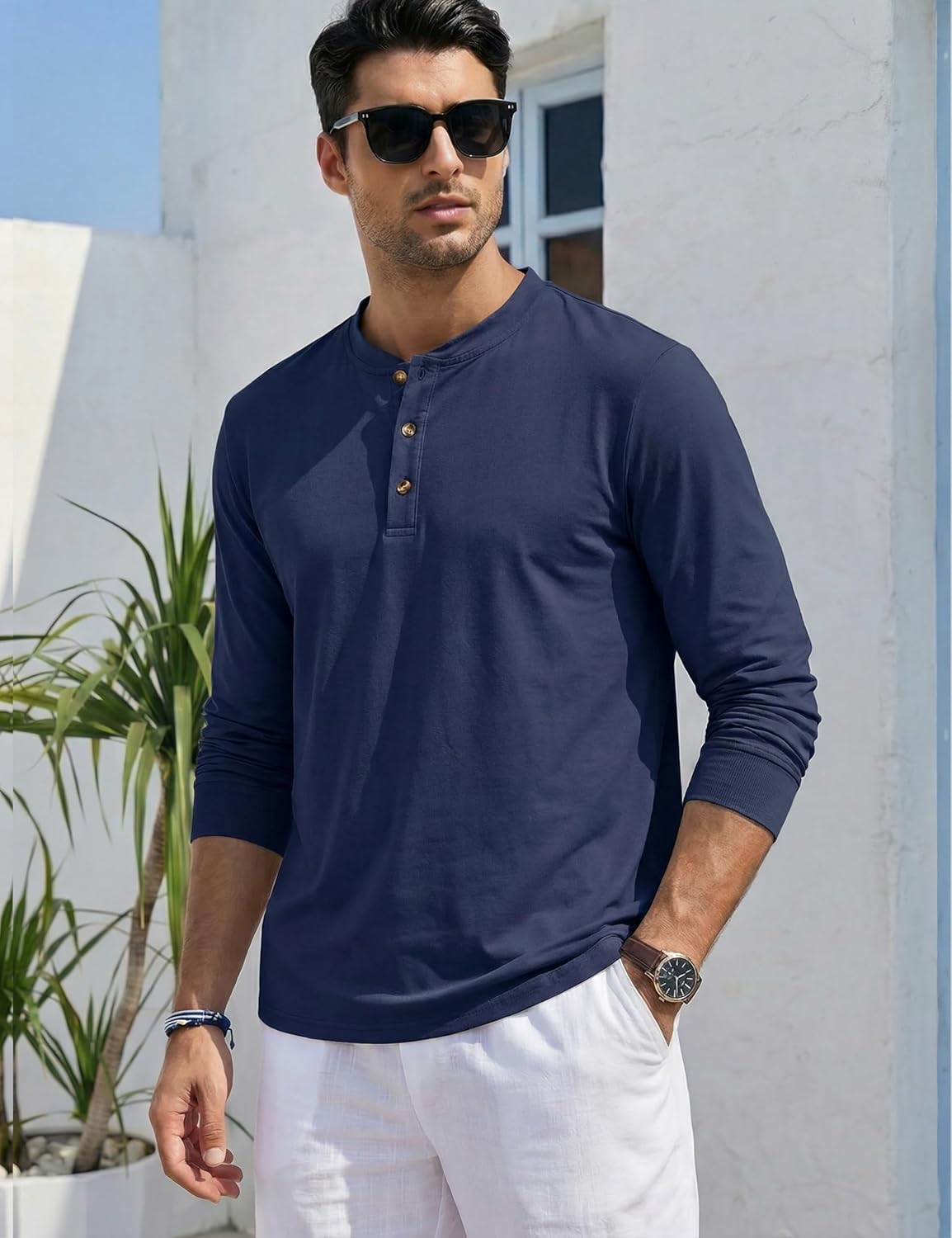 Thumbnail 1 de TACVASEN Men's Long Sleeve Henley T Shirt — Pure Cotton, Classic 3-Button Collar