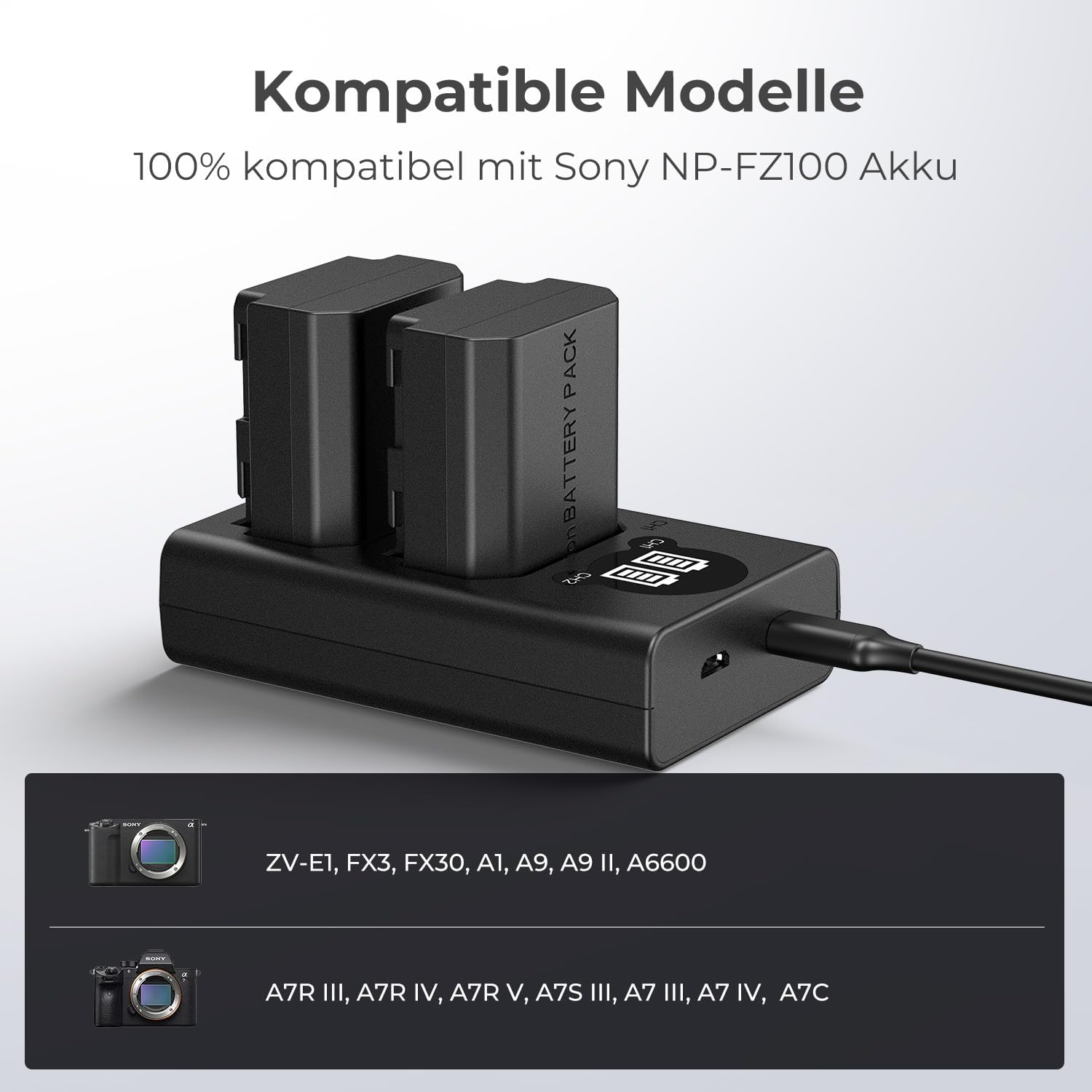 Detalle de K&F CONCEPT NP-FZ100 Dual-Slot Ladegerät mit LED-Anzeige (Type-C & Micro-USB) für Sony Alpha