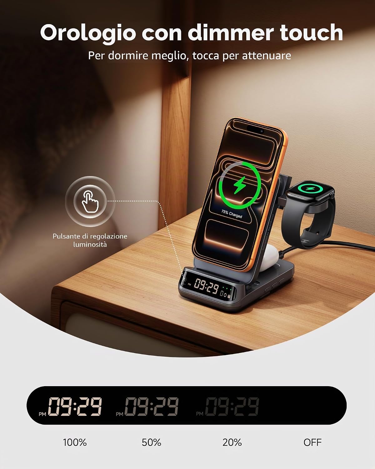 Detalle de Supporto caricabatterie wireless 3 in 1 da 25 W con MagSafe – SwanScout 708M