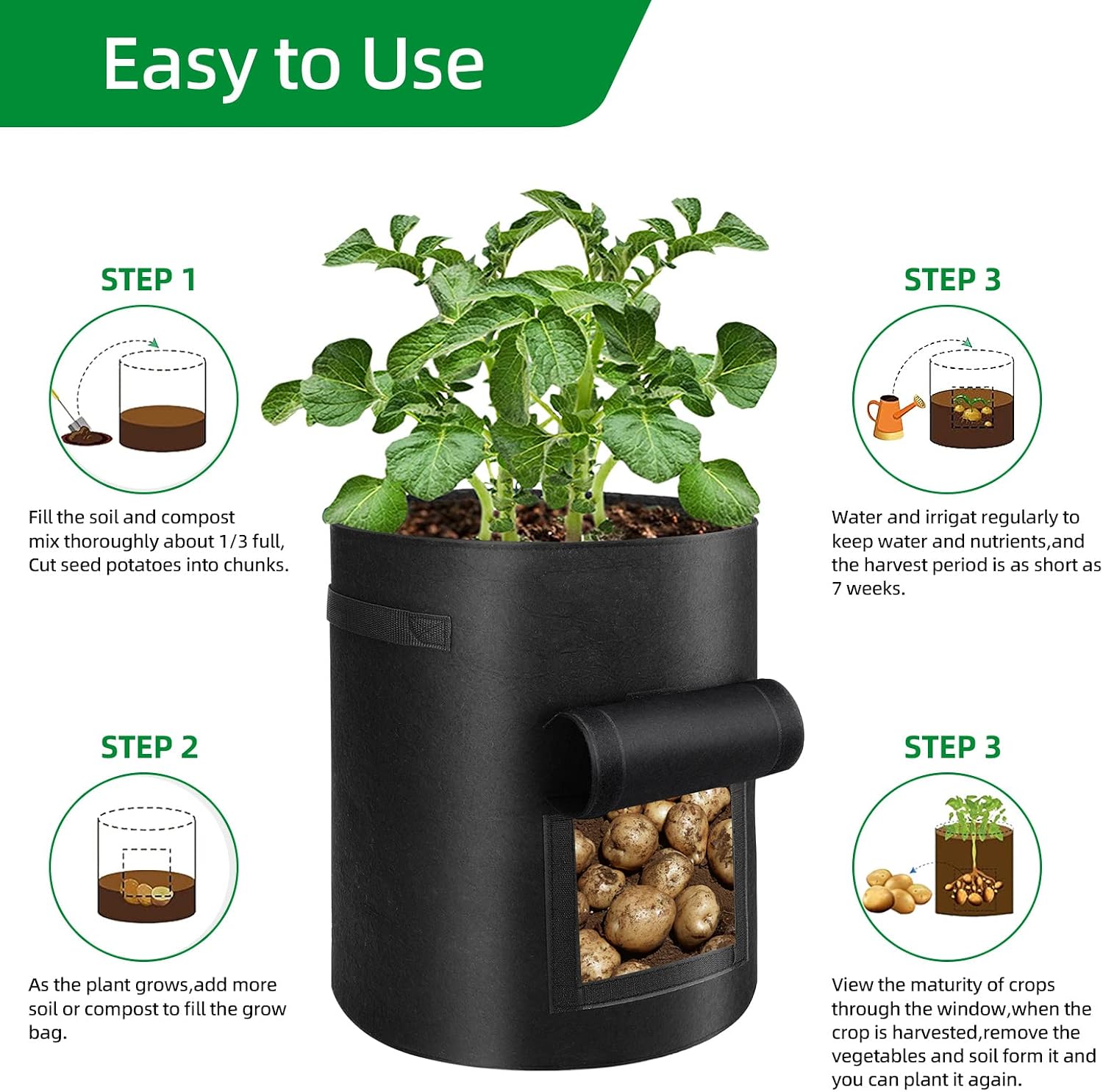 Detalle 2 de BIJOKETTEN 10-Gallon Grow Bags, 6-Pack with Flap and Handles