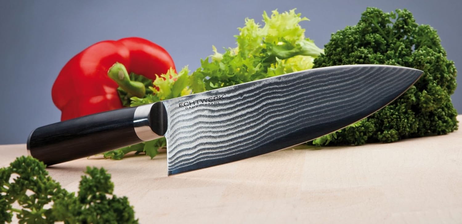 Detalle de ECHTWERK EW-DM-0310 – nóż kuchenny ze stali damasceńskiej, ostrze 18 cm
