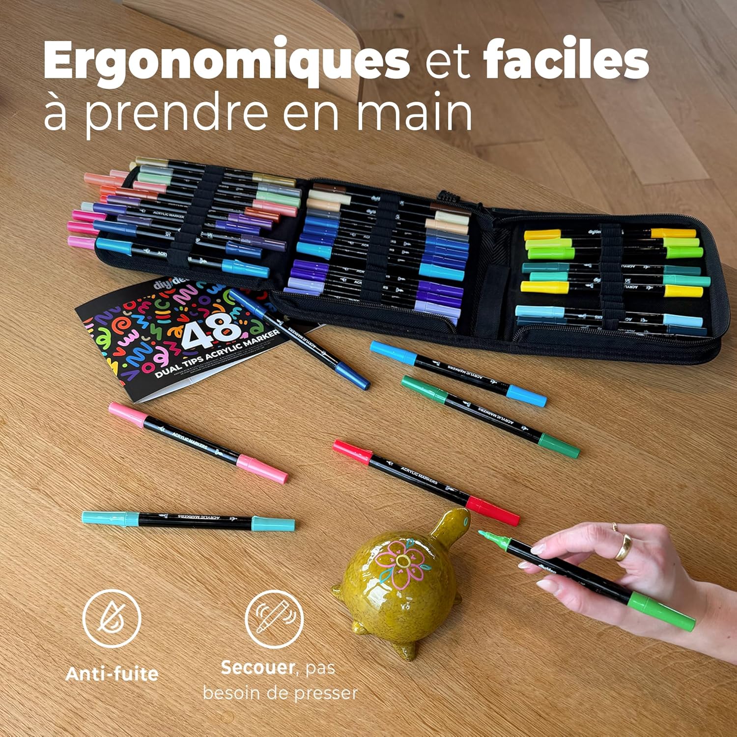 Thumbnail 4 de DIYIDEA Marqueurs peinture acrylique à double pointe 48 couleurs (pinceau flexible & pointe fine 1 mm) avec étui