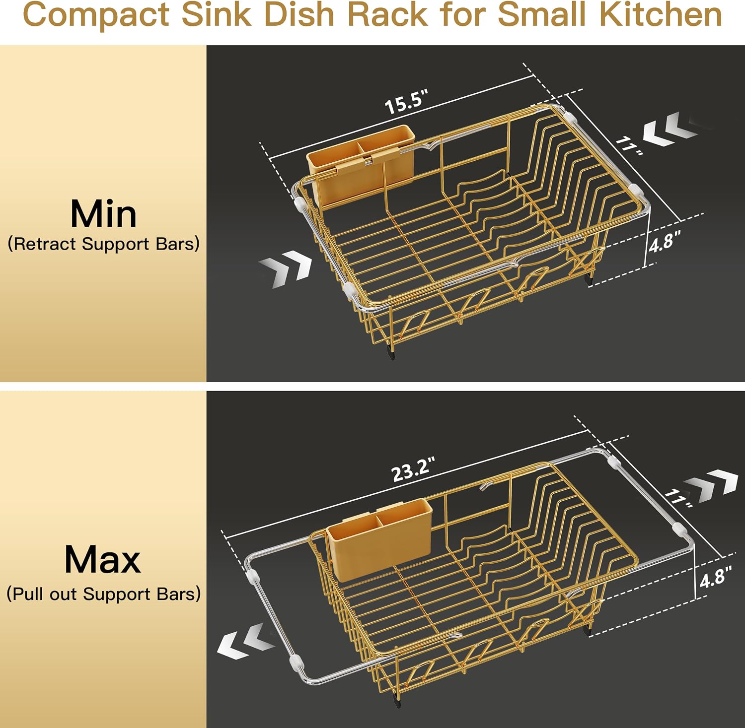 Detalle 2 de JASIWAY 701G Gold Over-the-Sink Dish Drying Rack, Expandable Stainless Steel