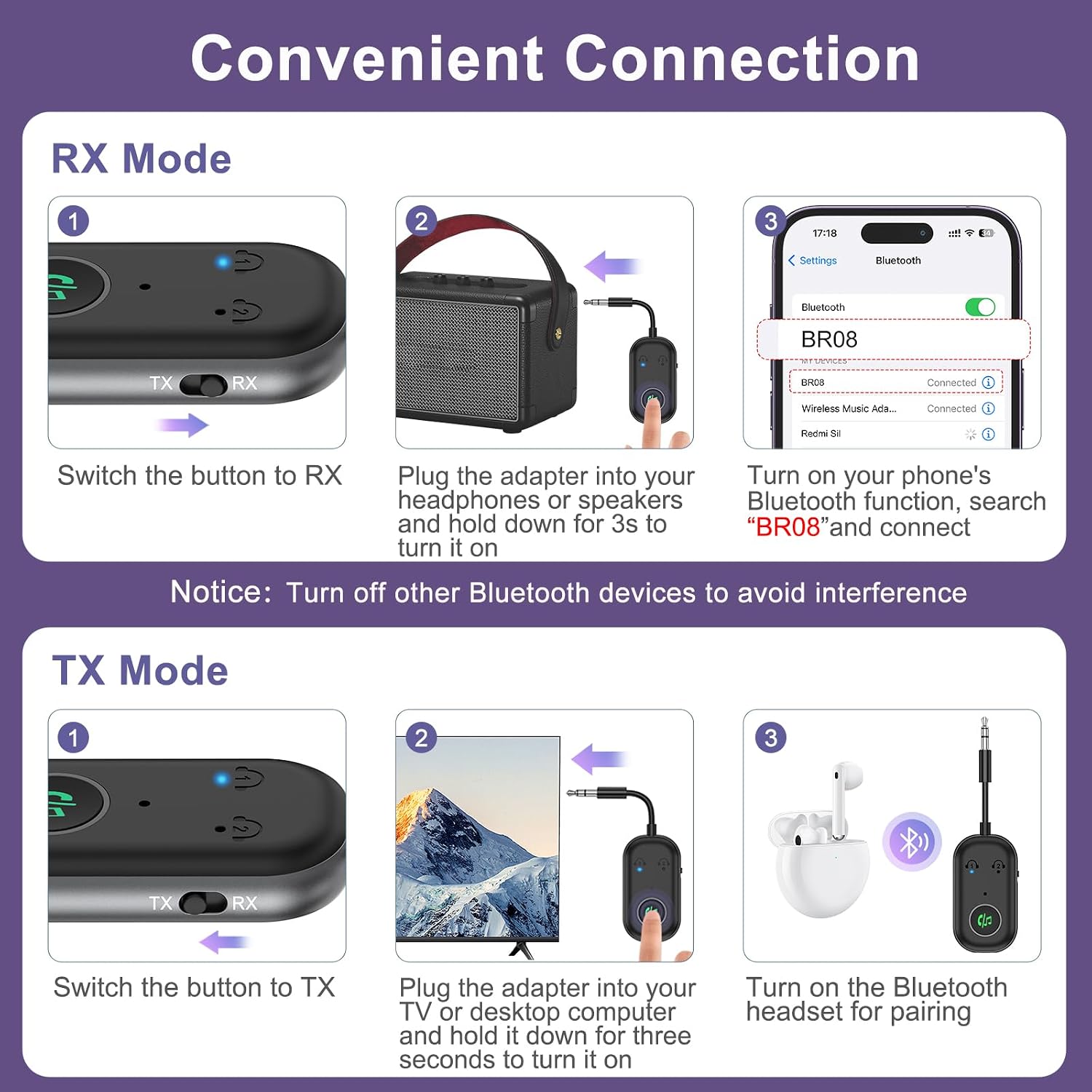 Thumbnail 6 de OQIMAX Bluetooth 5.3 2-in-1 Transmitter Receiver AUX audio adapter for TV, PC & headphones