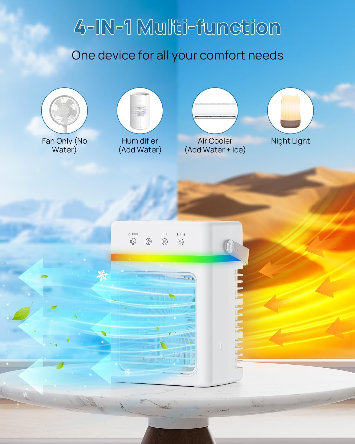 Detalle de Portable Mini Air Conditioner with 900ML Tank — 4-in-1 USB-C Cooler for Office, Bedroom, Kitchen
