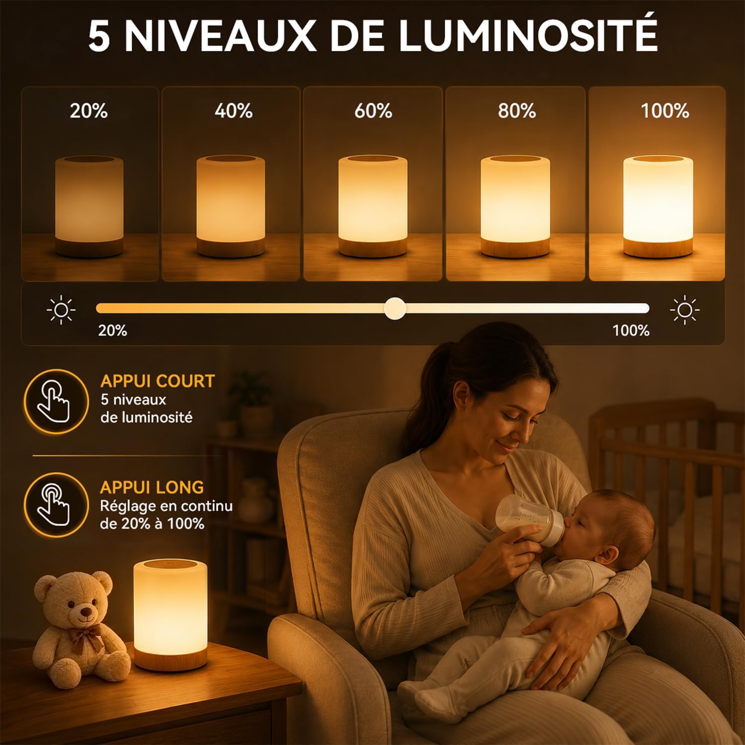 Detalle de Auxmir M2 led-bedlampje met RGB-kleuren, touchbediening en timer