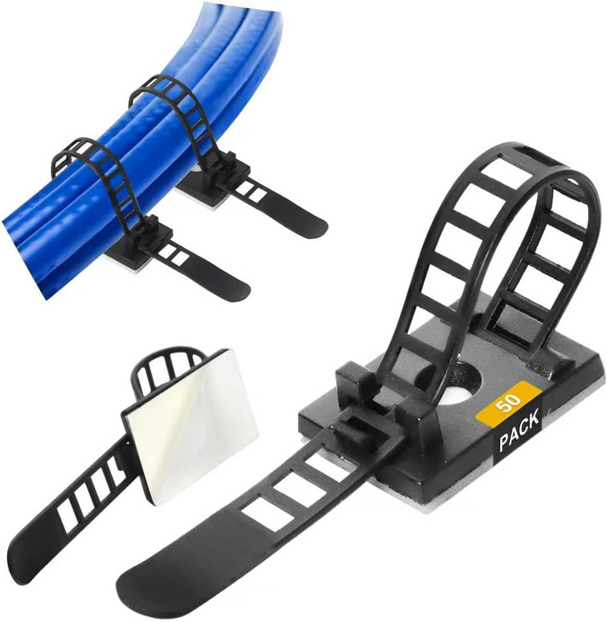 GPtzlei 50 Packs Black Adhesive Cable Clips, Adjustable Reusable Zip Ties with Screw Mount