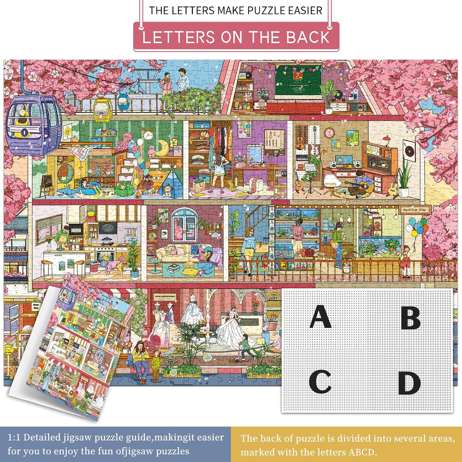 Detalle 2 de HUADADA 1000 Pieces Jigsaw Puzzle – Sakura Town (70 x 50 cm)