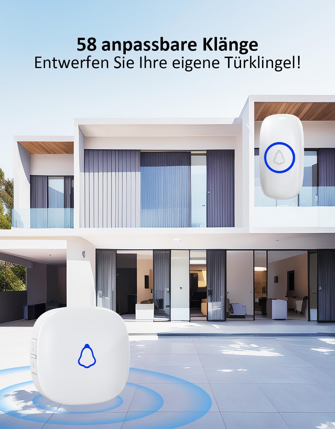 Thumbnail 3 de SECRUI Funkklingel Türklingel Set – 1 Empfänger + 2 Sender, kabellos, 58 Melodien, 120 dB, IP55