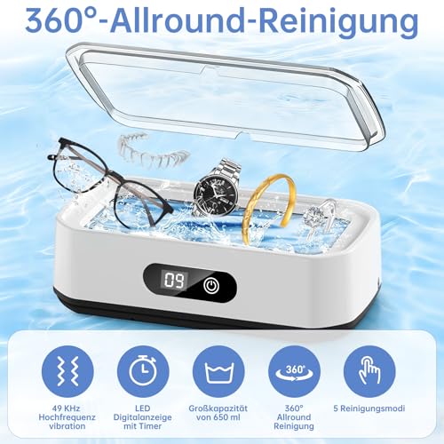 Detalle 2 de Ultraschallreiniger 49 kHz, 650 ml Großkapazität – 360°-Allround-Reinigung für Brillen, Schmuck und Make-up-Pinsel
