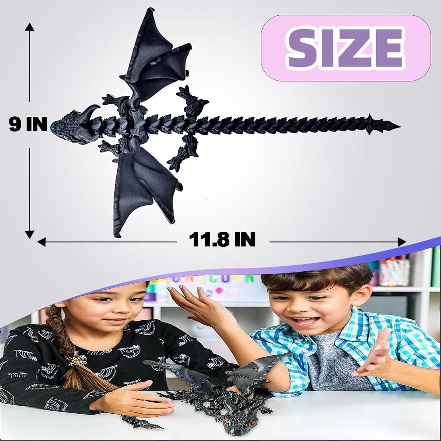 Detalle de Afufu 11.8 Inches 3D Printed Dragon – Articulated Black Dragon for Desk Decor and Stress Relief