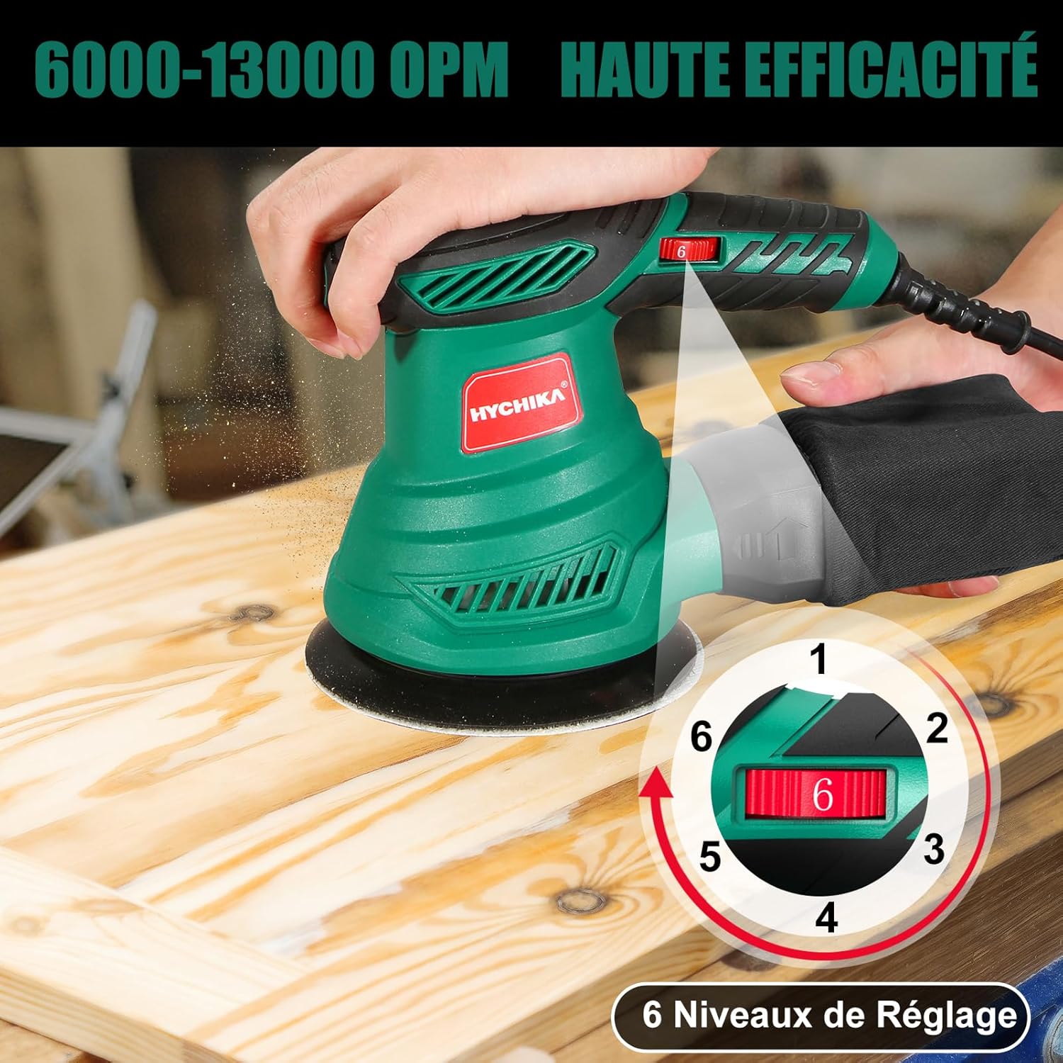 Detalle 2 de HYCHIKA Ponceuse Excentrique – 6 vitesses, collecte de poussière et 12 disques inclus