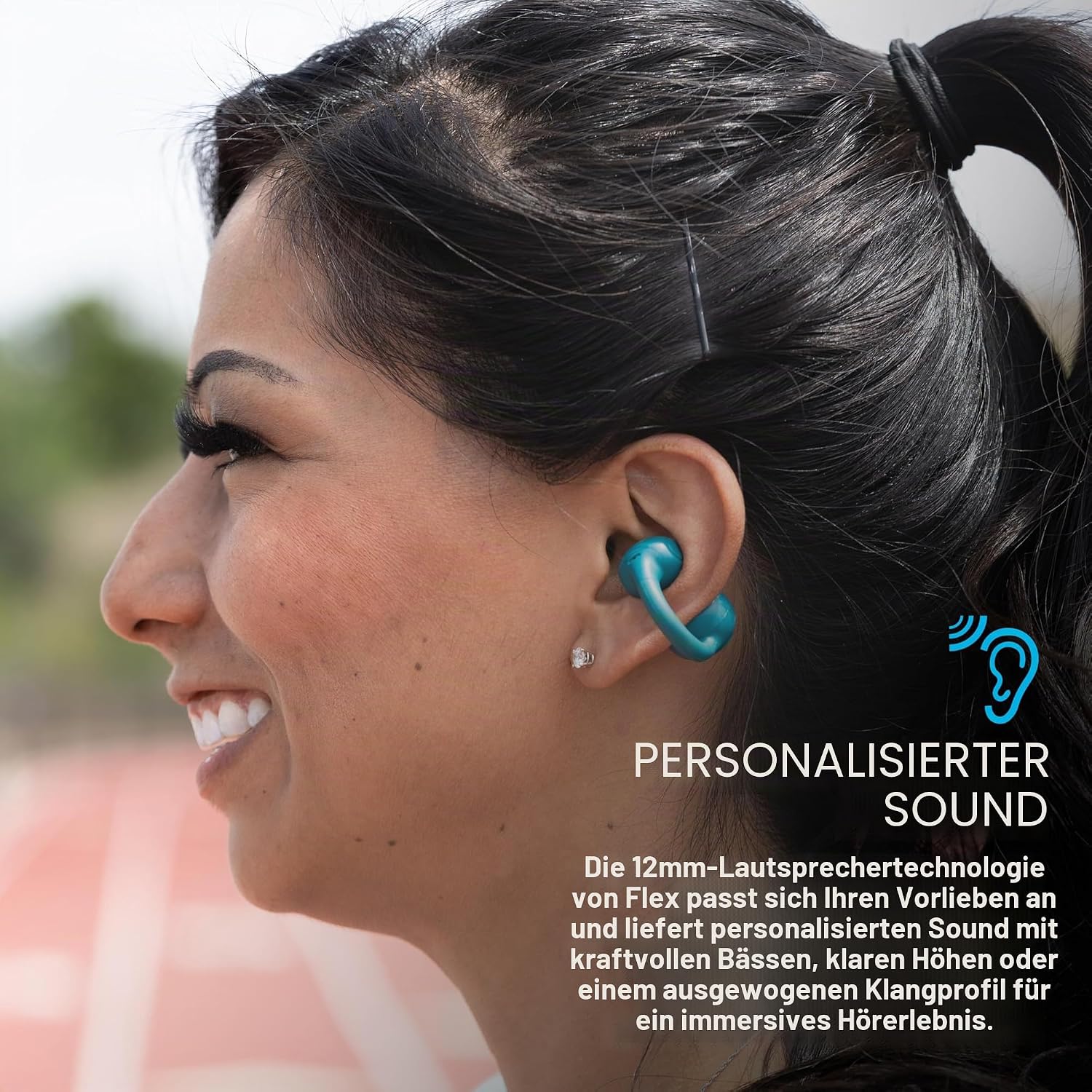 Detalle de JLab Flex Open Ear Kopfhörer (Open-Ear) mit Bluetooth Multipoint, Clip-Design und 21 Stunden Akkulaufzeit – Blaugrün
