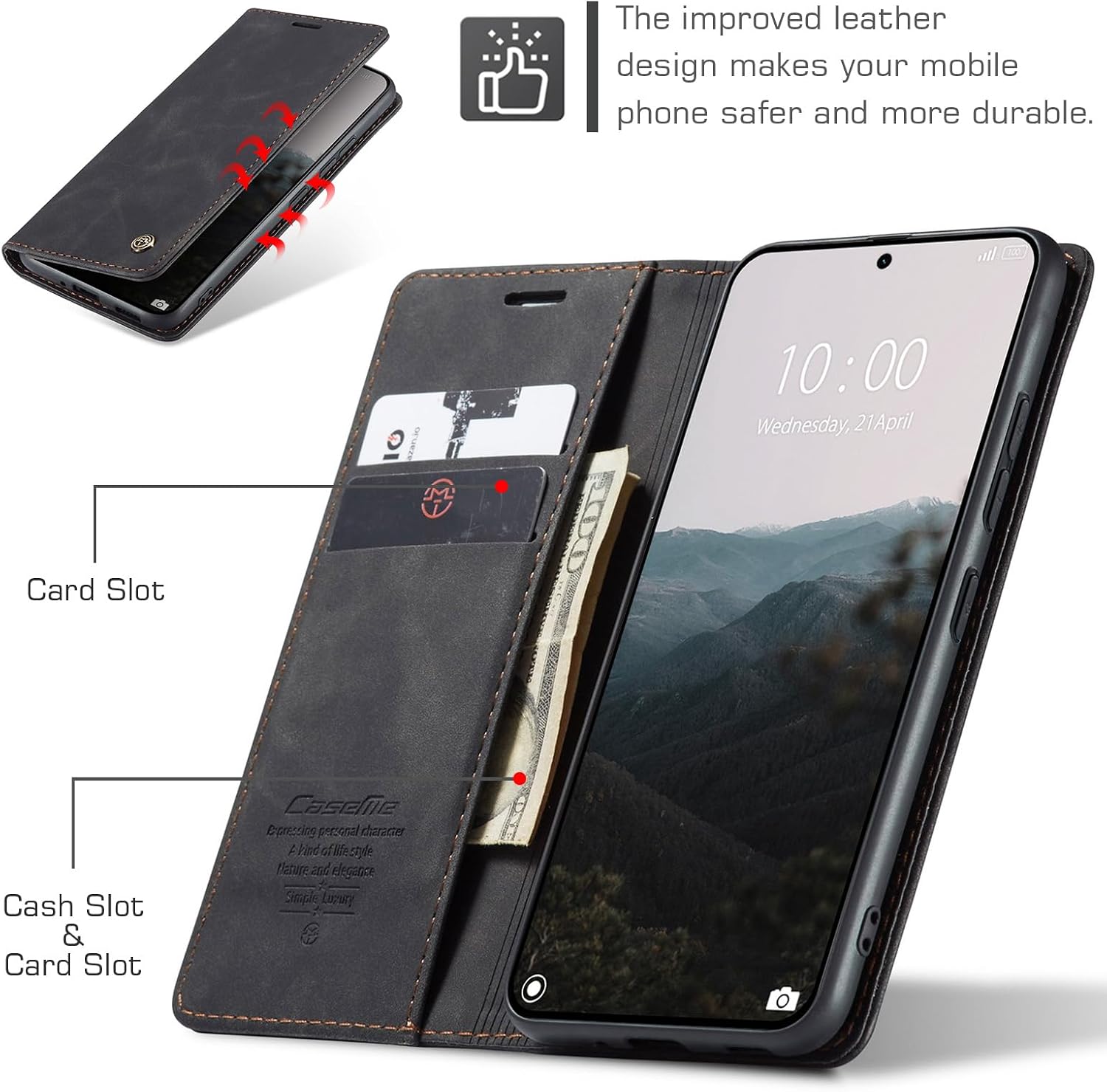 Detalle 2 de Cracedily Handyhülle für Xiaomi 14T Pro: Klapp-Flipcase mit Kartenfach, Magnetverschluss und Standfunktion (Schwarz)